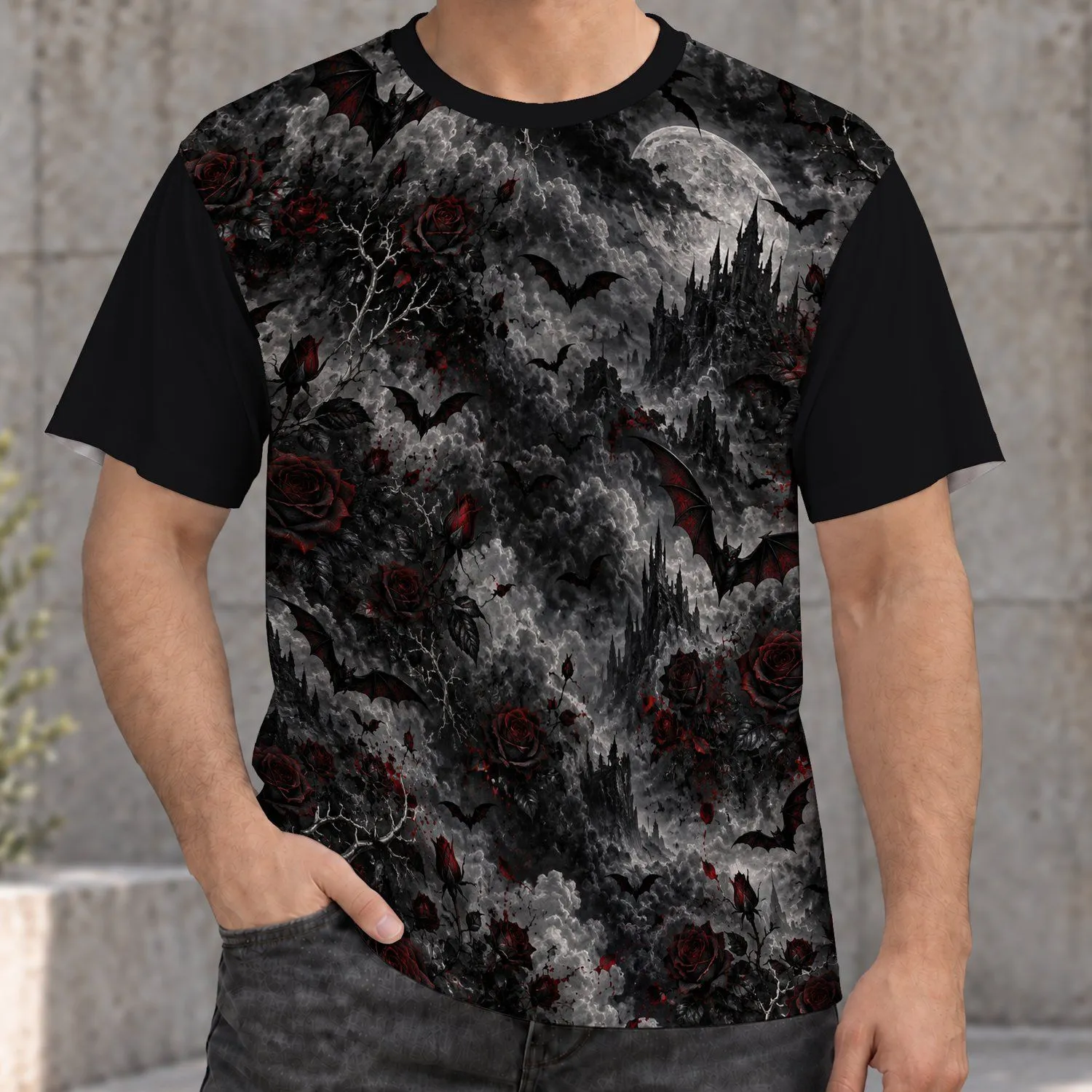 Gothic Bats And Crimson Roses For Witchy Nights And Dark Floral Style All-over Print Unisex T-shirt - 1