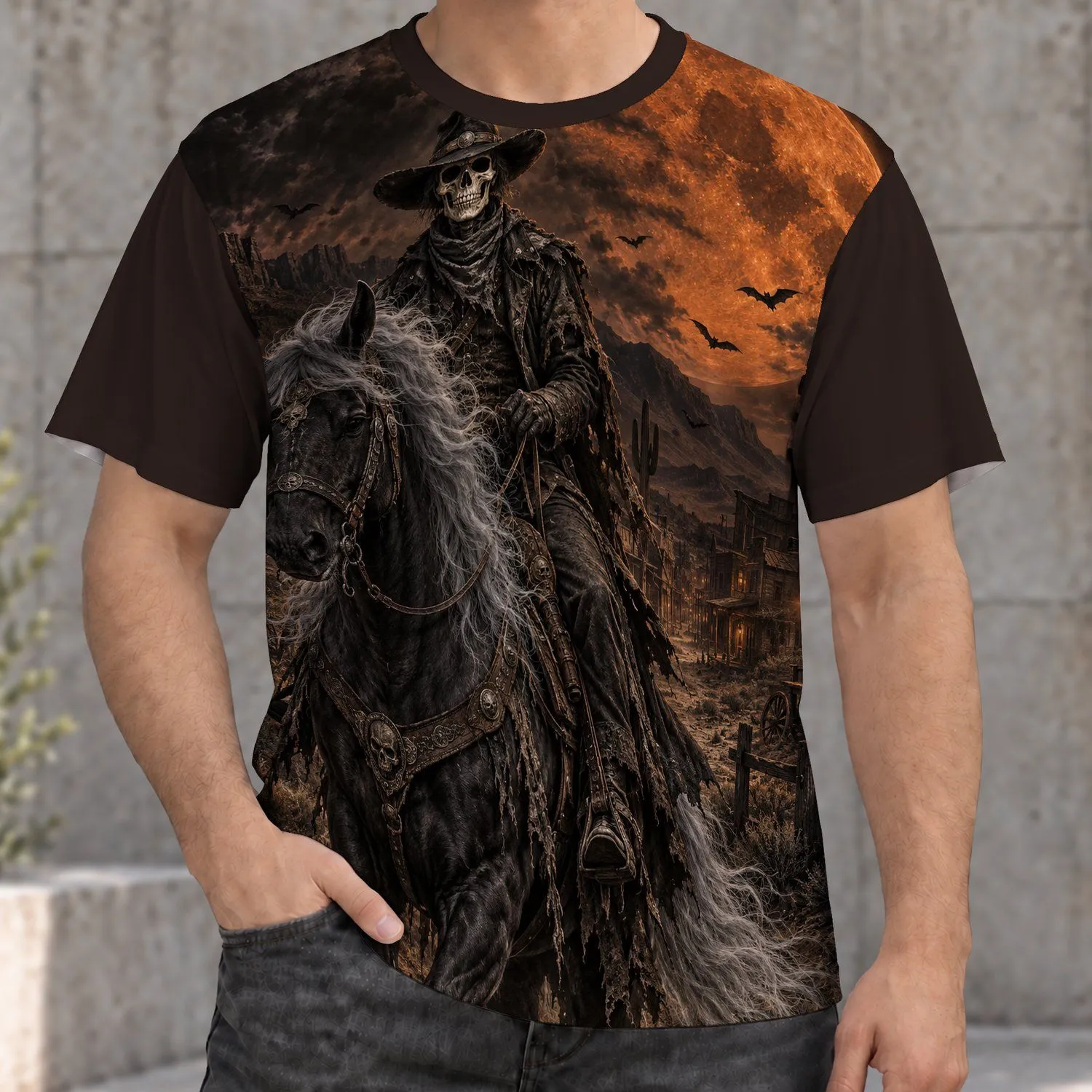Skeleton Cowboy and Ghost Horse for Western Gothic Nighttime Adventure Fans All-over Print Unisex T-shirt - 1