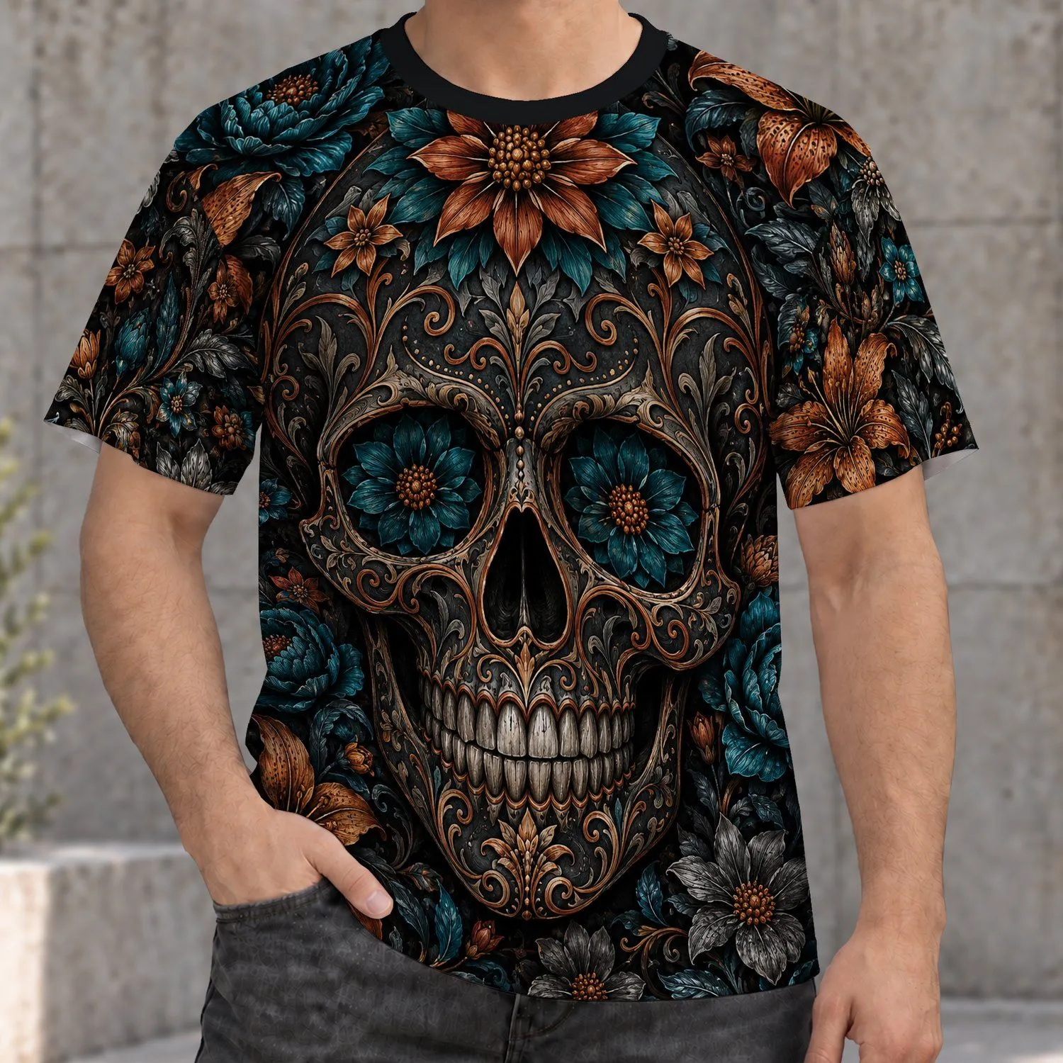 Ornate Floral Sugar Skull with Teal Blooms for Bold Everyday Alternative Style Wear All-over Print Unisex T-shirt - 1