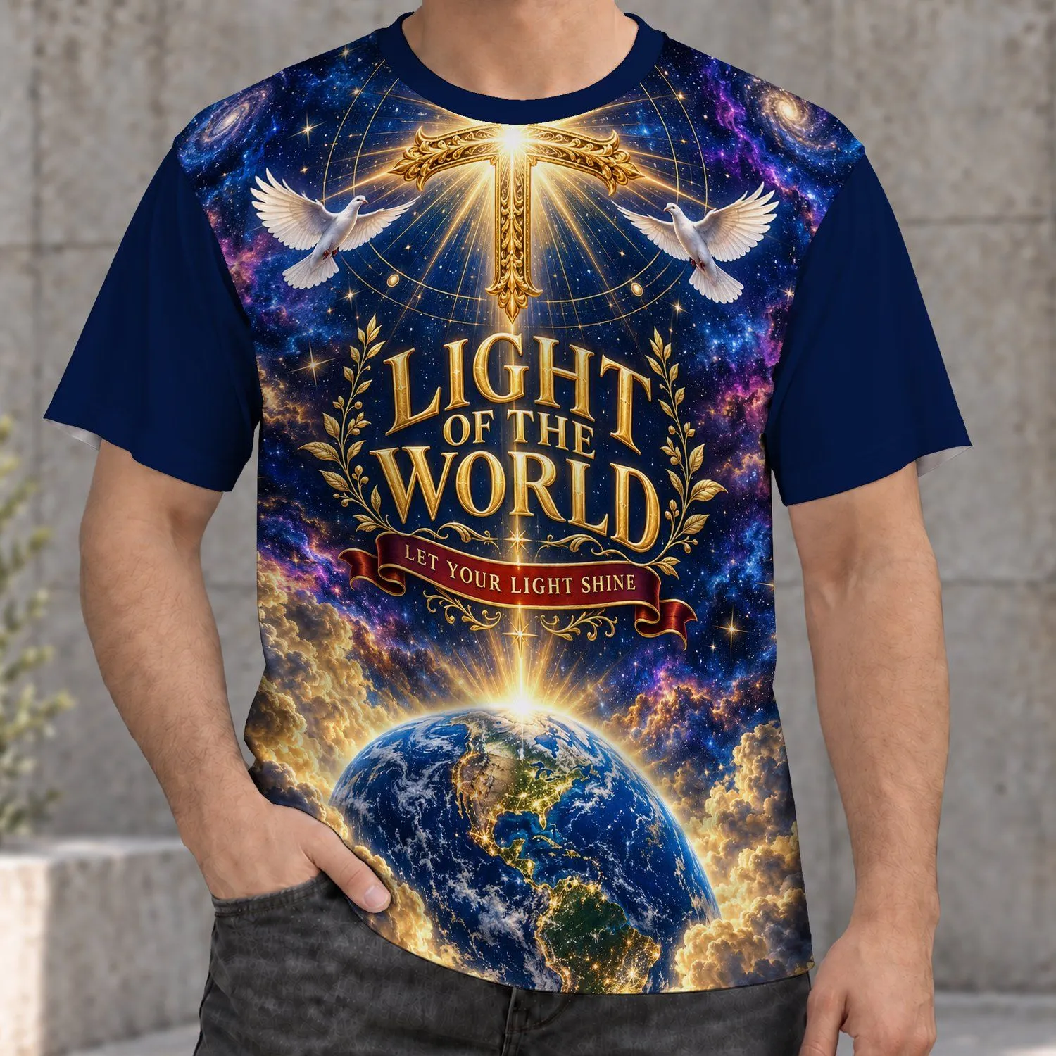 Radiant Golden Cross Above Earth for Christian Worship and Everyday Faithful Living All-over Print Unisex T-shirt - 1