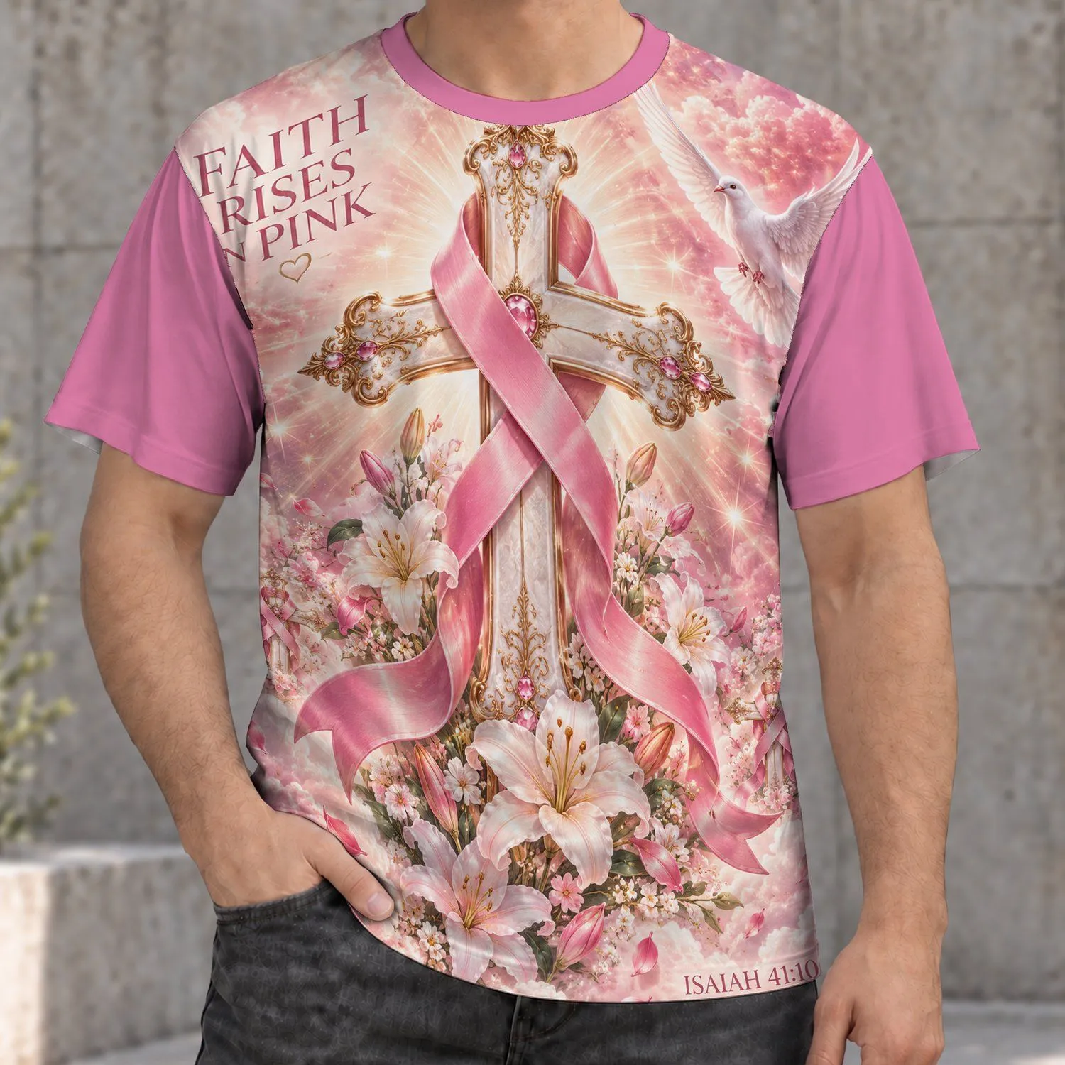 Pink Ribbon Cross and Dove for Breast Cancer Awareness and Christian Hope All-over Print Unisex T-shirt - 1