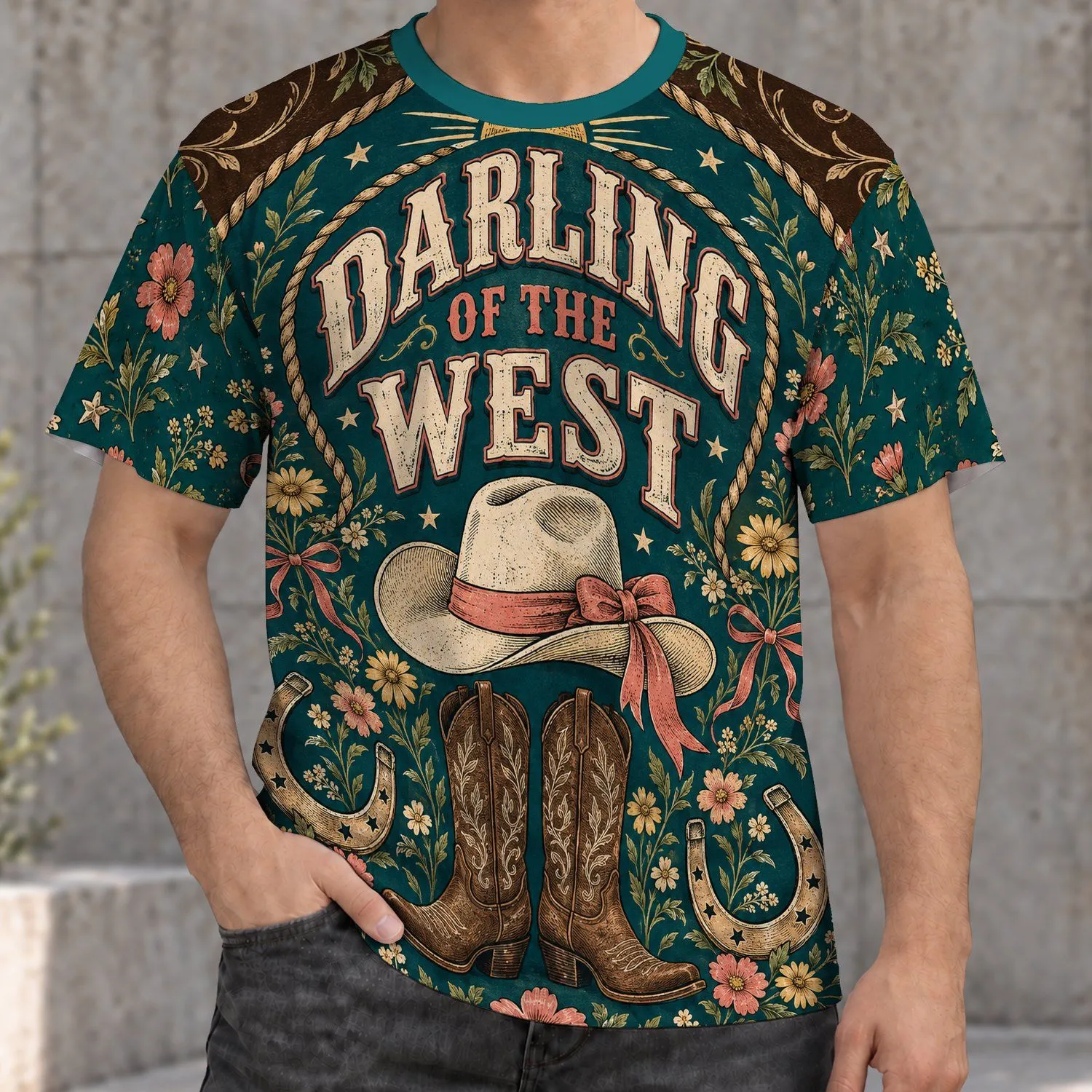 Western Cowgirl Hat and Floral Horseshoes for Country Festivals and Ranch Days All-over Print Unisex T-shirt - 1