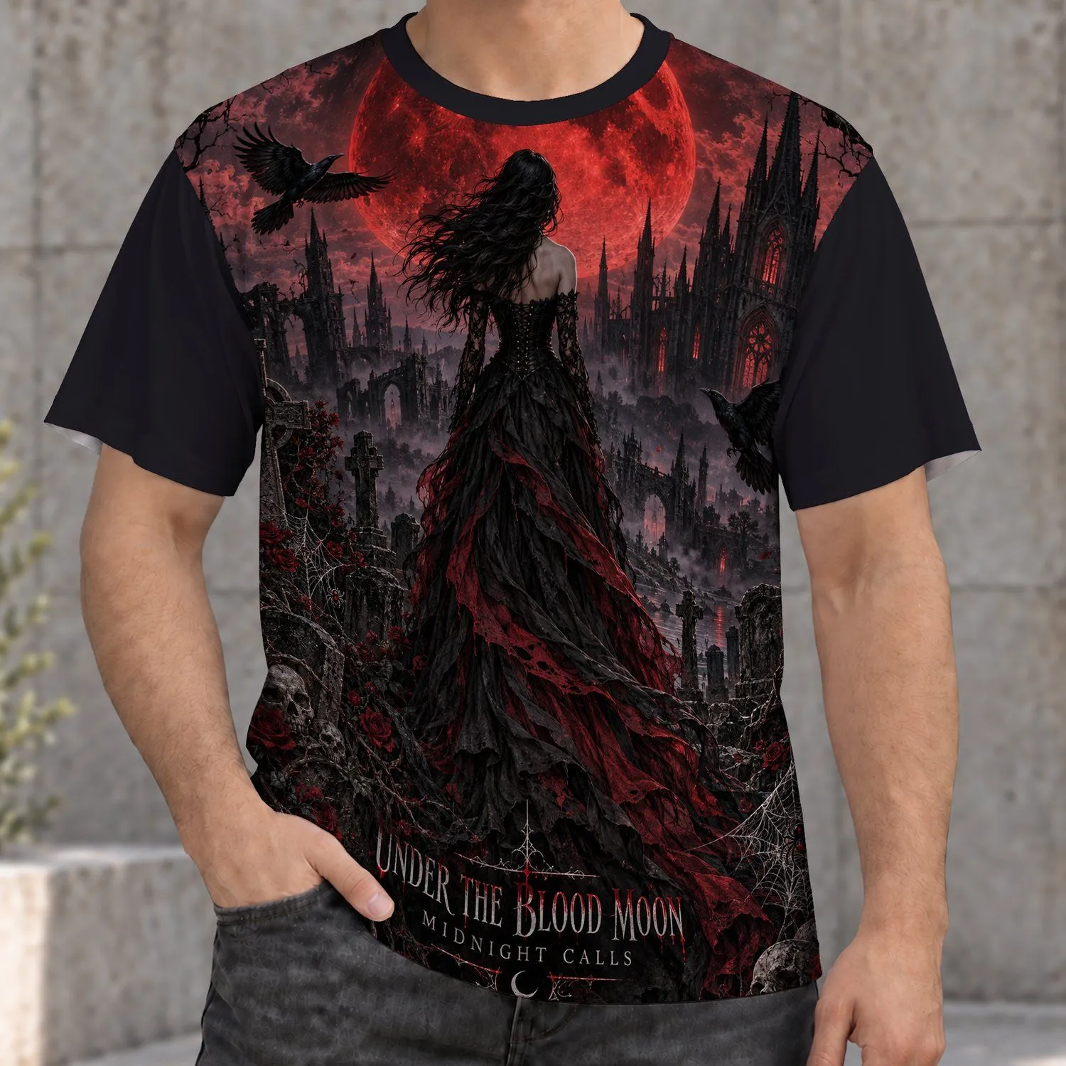Blood Moon Gothic Cemetery Scene for Halloween Nights and Witchy Wardrobe Gifts for Women All-over Print Unisex T-shirt - 1