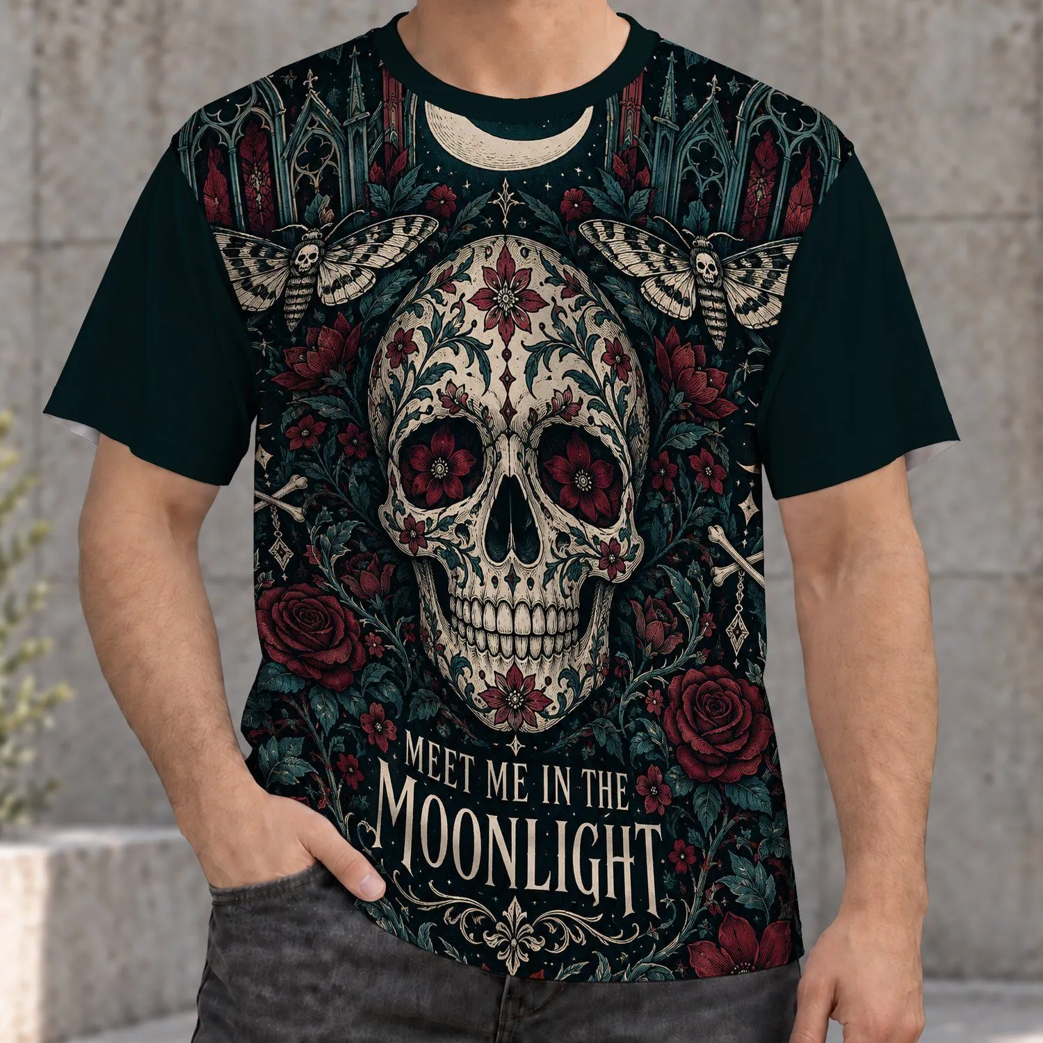 Gothic Sugar Skull and Moonlit Florals for Halloween Nights and Alternative Style All-over Print Unisex T-shirt - 1