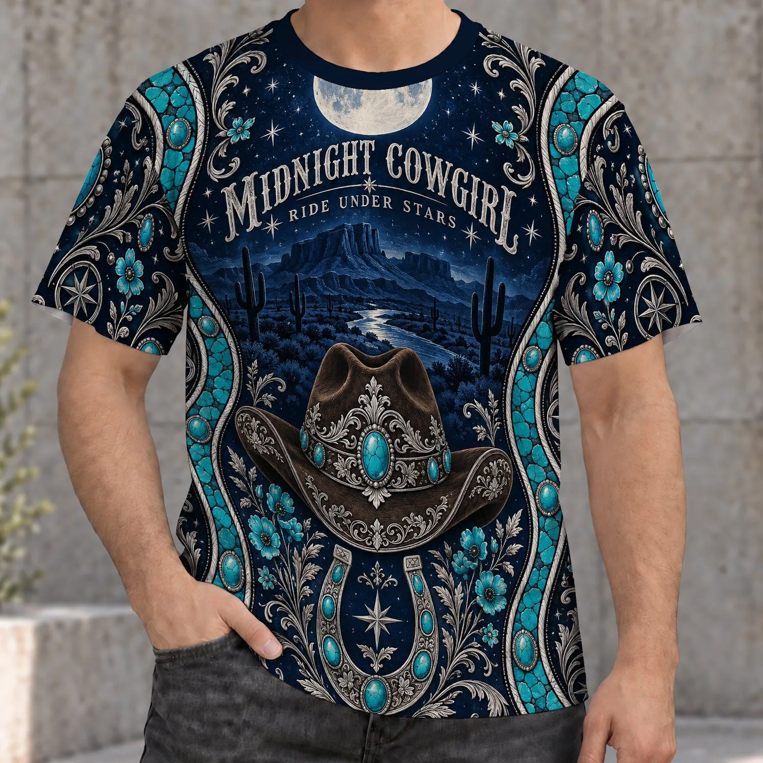 Turquoise Cowgirl Night Sky Western Style for Country Music Festival Fans All-over Print Unisex T-shirt - 1