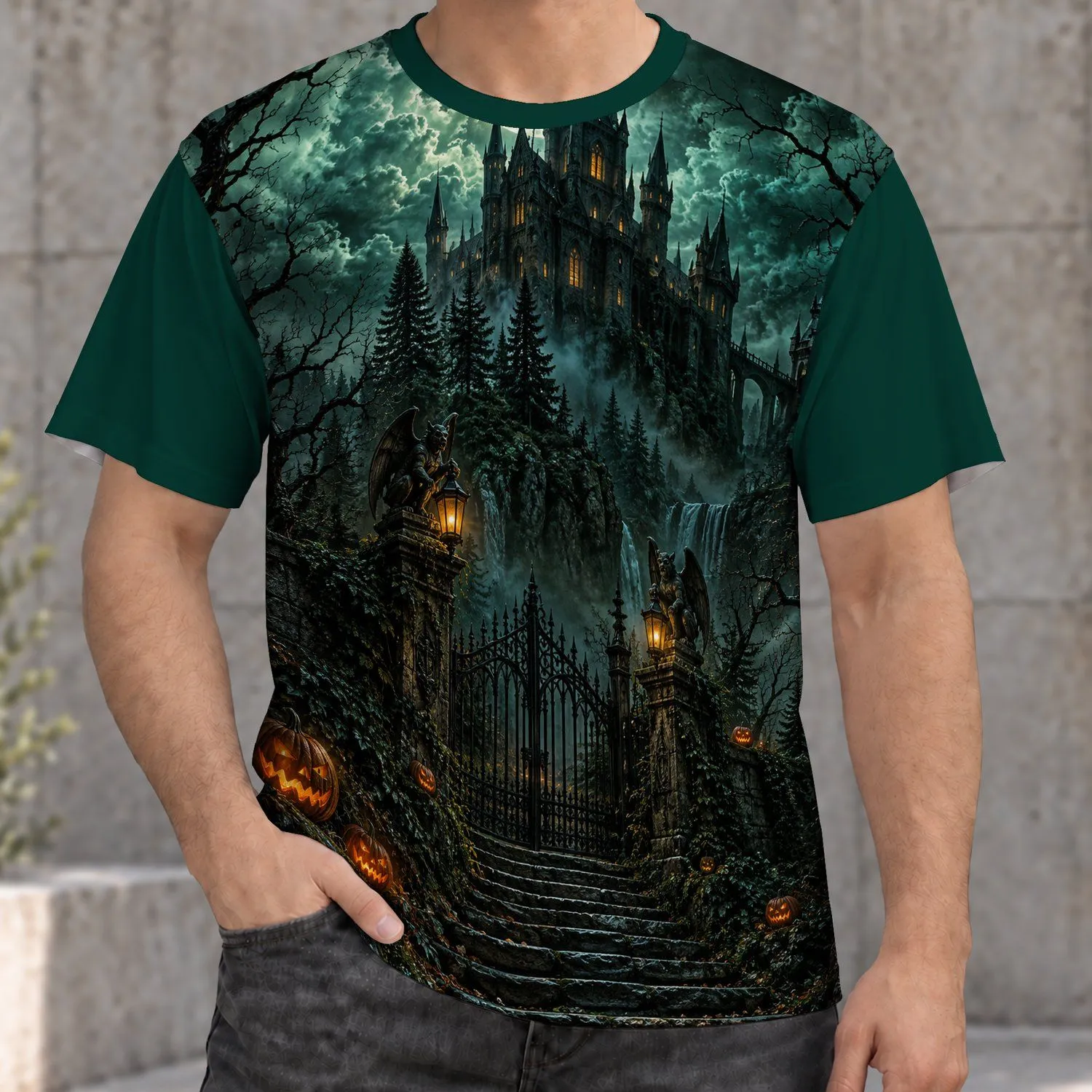 Gothic Castle Halloween Night Scene for Spooky Autumn Celebrations and Haunted Home Lovers All-over Print Unisex T-shirt - 1