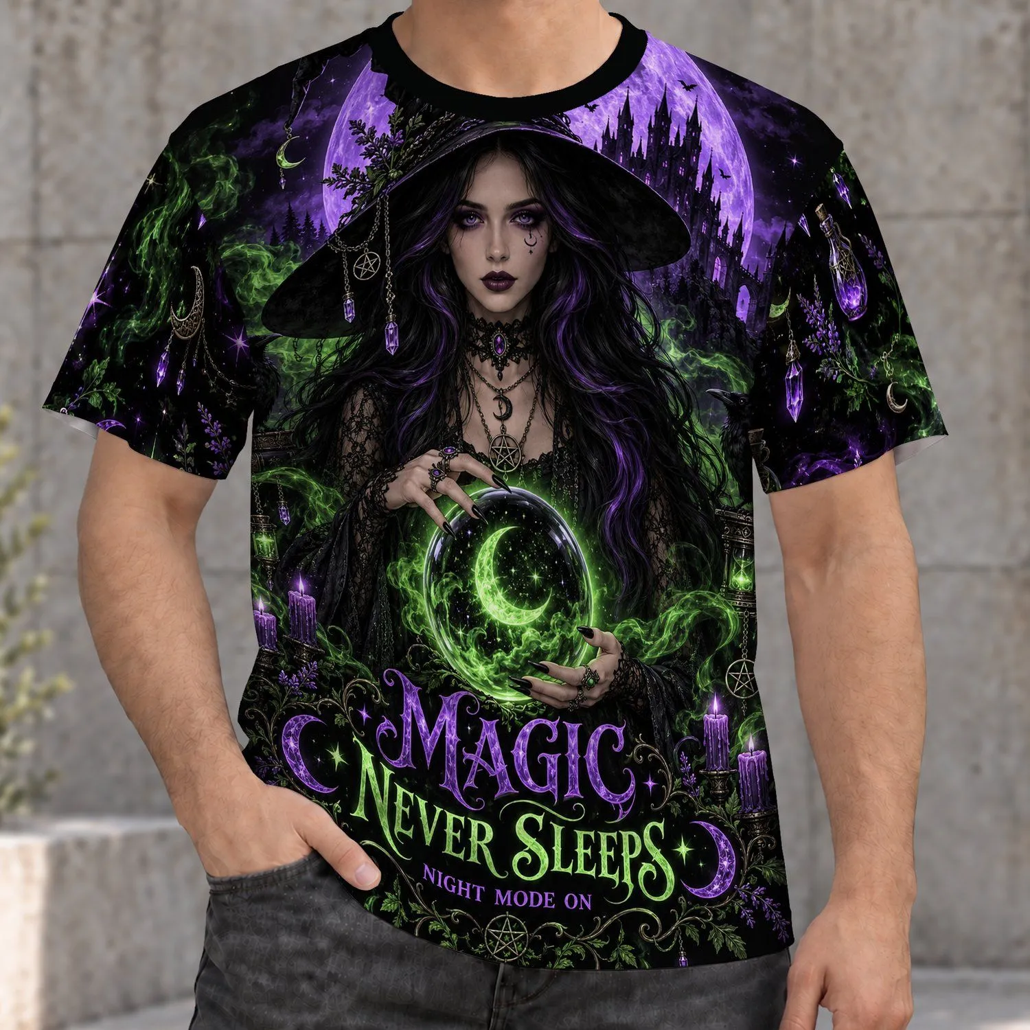 Moonlit Witch and Crystal Orb for Halloween Nights and Enchanted Fall Celebrations All-over Print Unisex T-shirt - 1