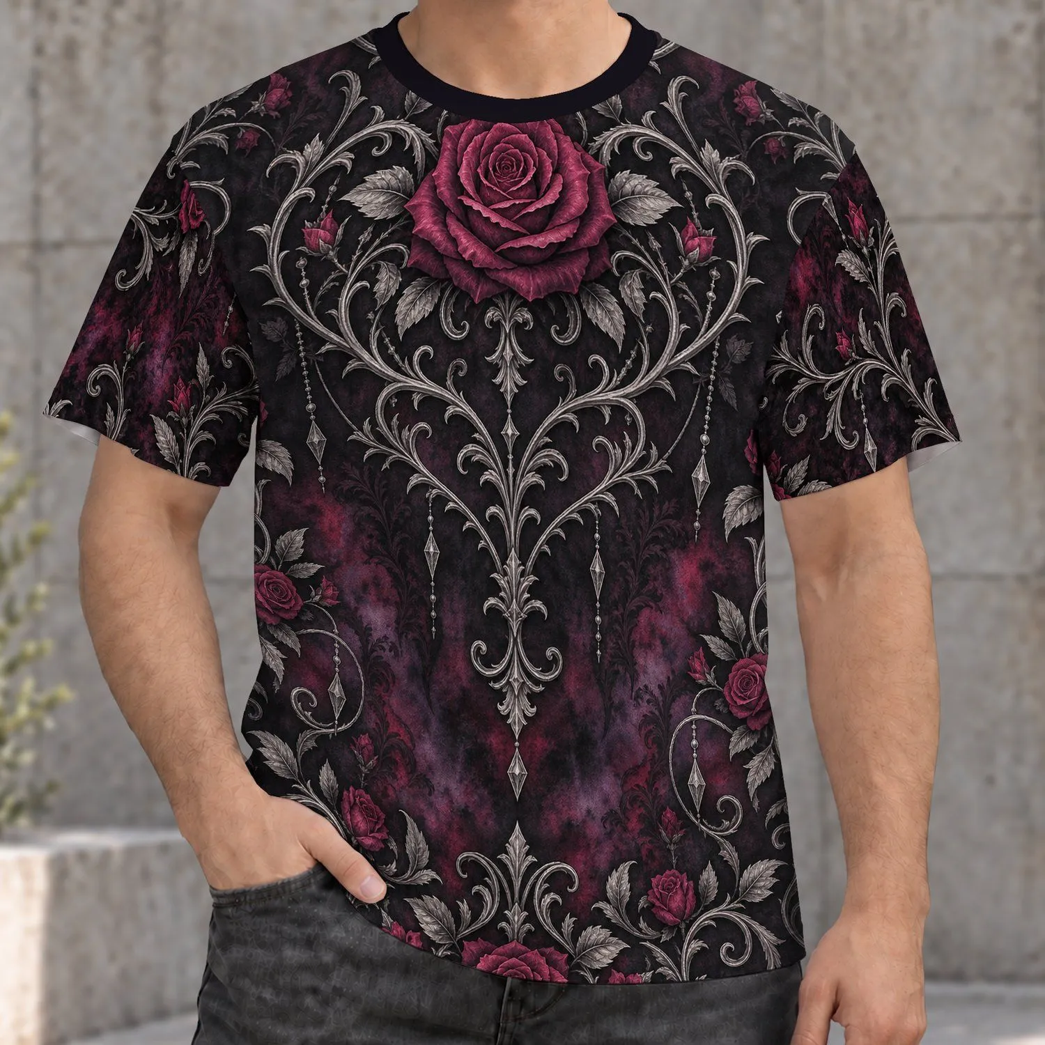 Gothic Rose and Silver Vine Motifs for Outdoor Days and Everyday Alternative Style All-over Print Unisex T-shirt - 1
