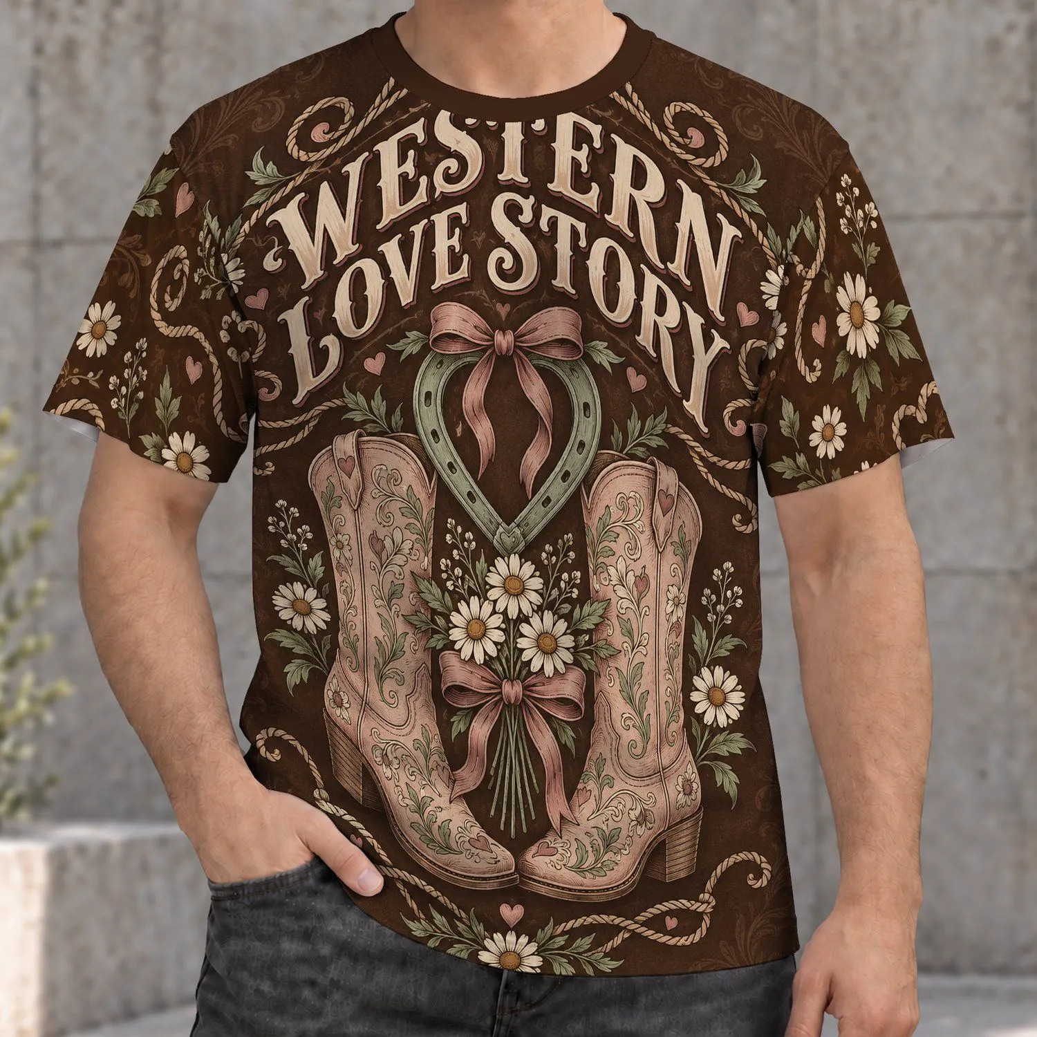 Western Love Story Boots and Florals for Country Romance and Rodeo Weekends All-over Print Unisex T-shirt - 1