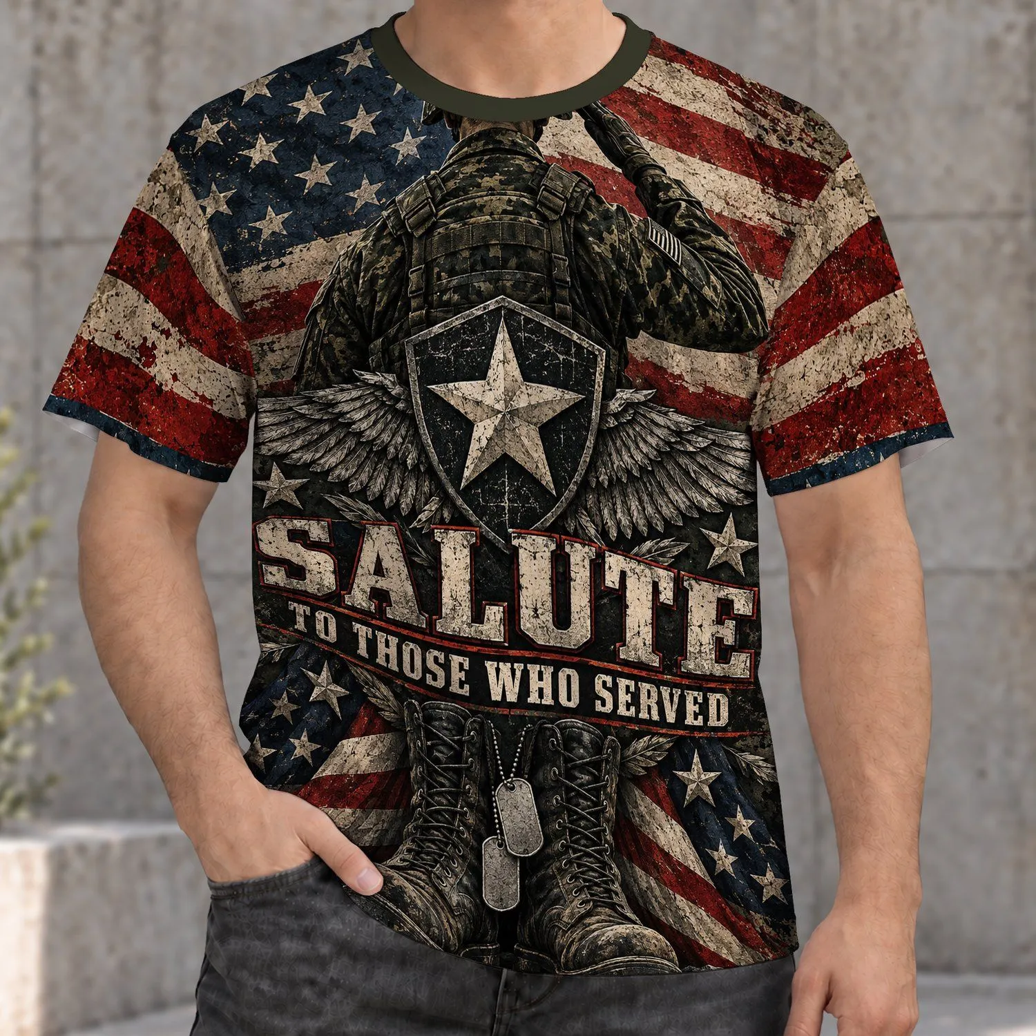 Saluting Soldier and Flag Tribute for Veterans Day and Patriotic Pride All-over Print Unisex T-shirt - 1