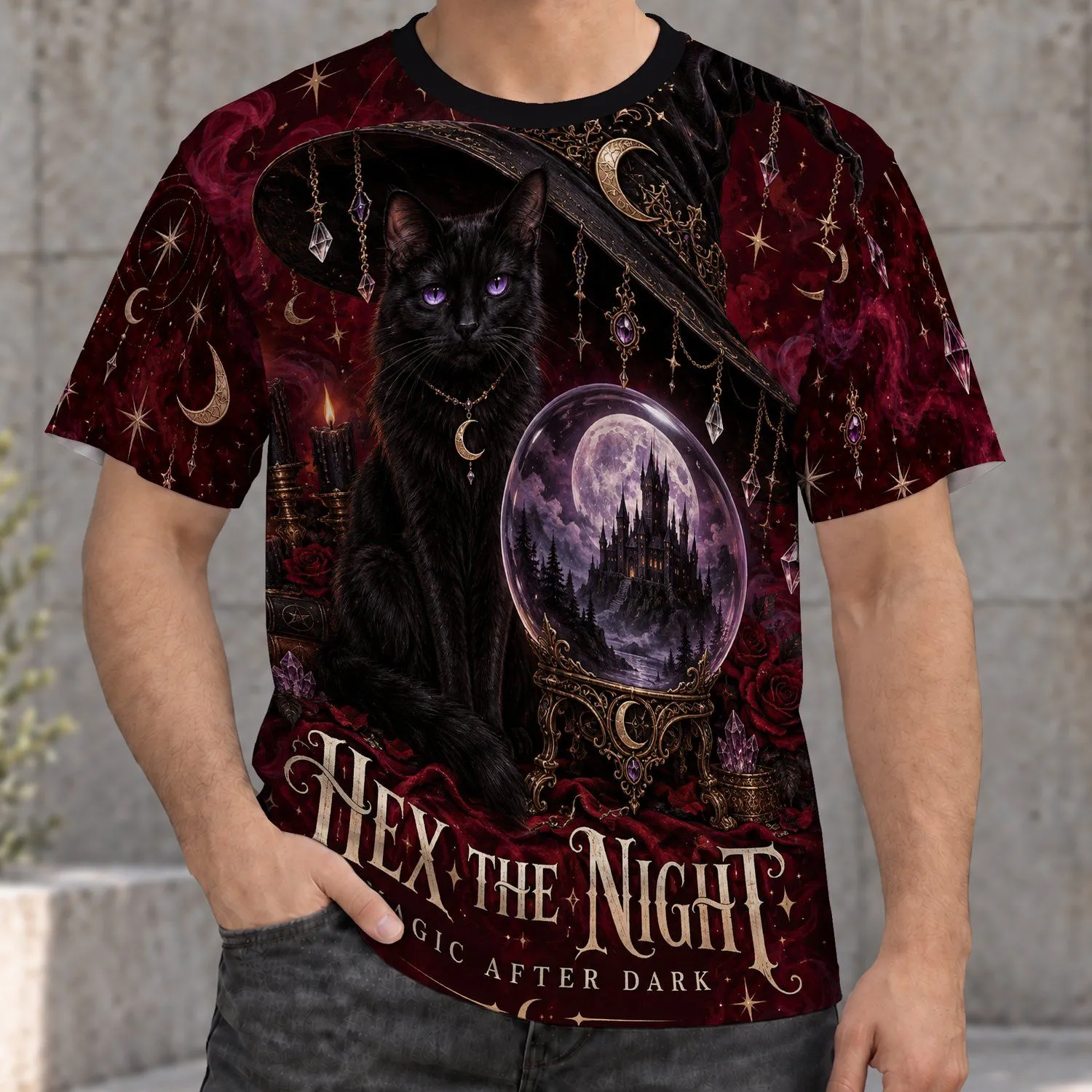 Black Cat Crystal Ball Witch Art for Halloween Night and Gothic Style Lovers All-over Print Unisex T-shirt - 1