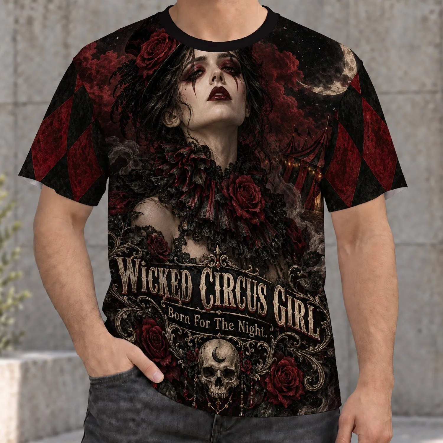 Gothic Circus Woman With Crescent Moon for Halloween Nights and Dark Aesthetic Fans All-over Print Unisex T-shirt - 1