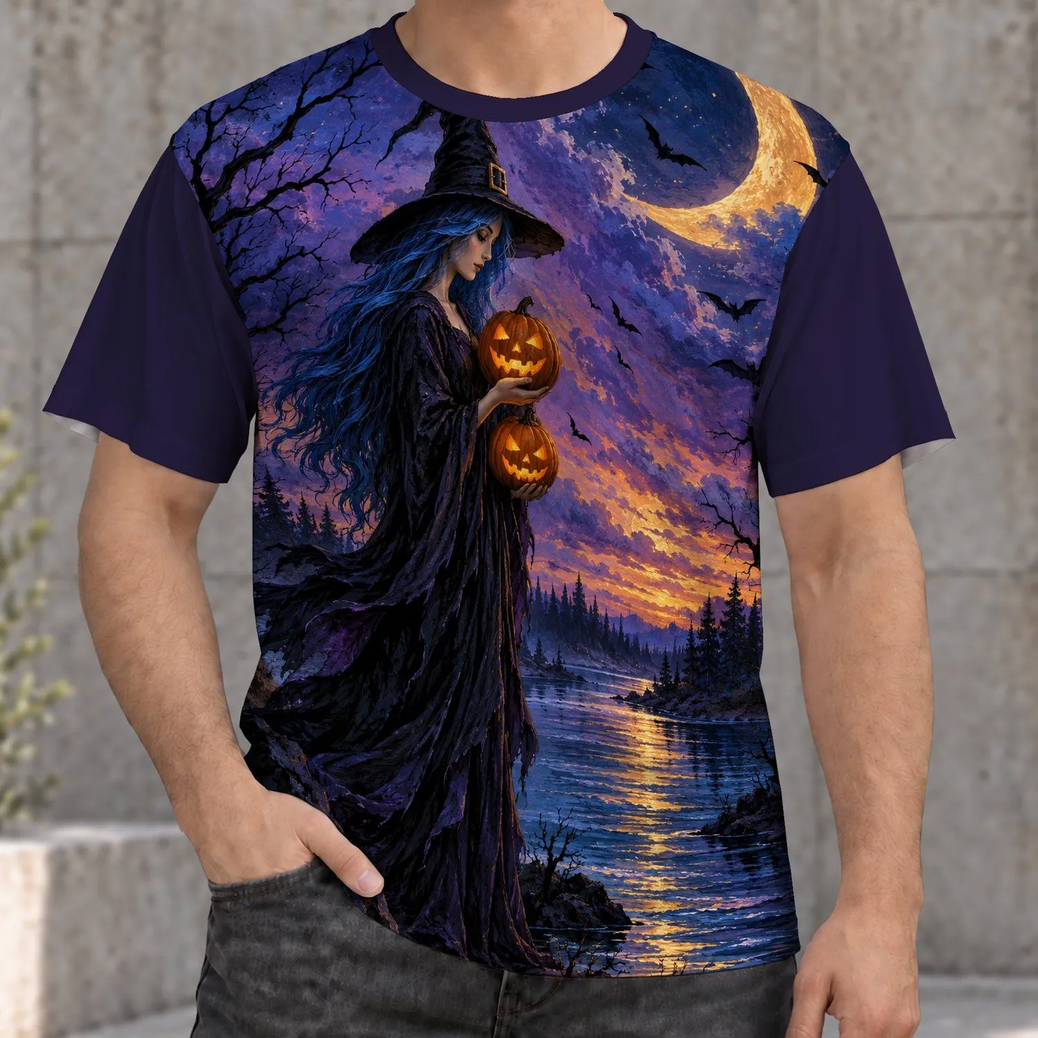 Witch And Glowing Pumpkins Under A Crescent Moon For Halloween Night All-over Print Unisex T-shirt - 1