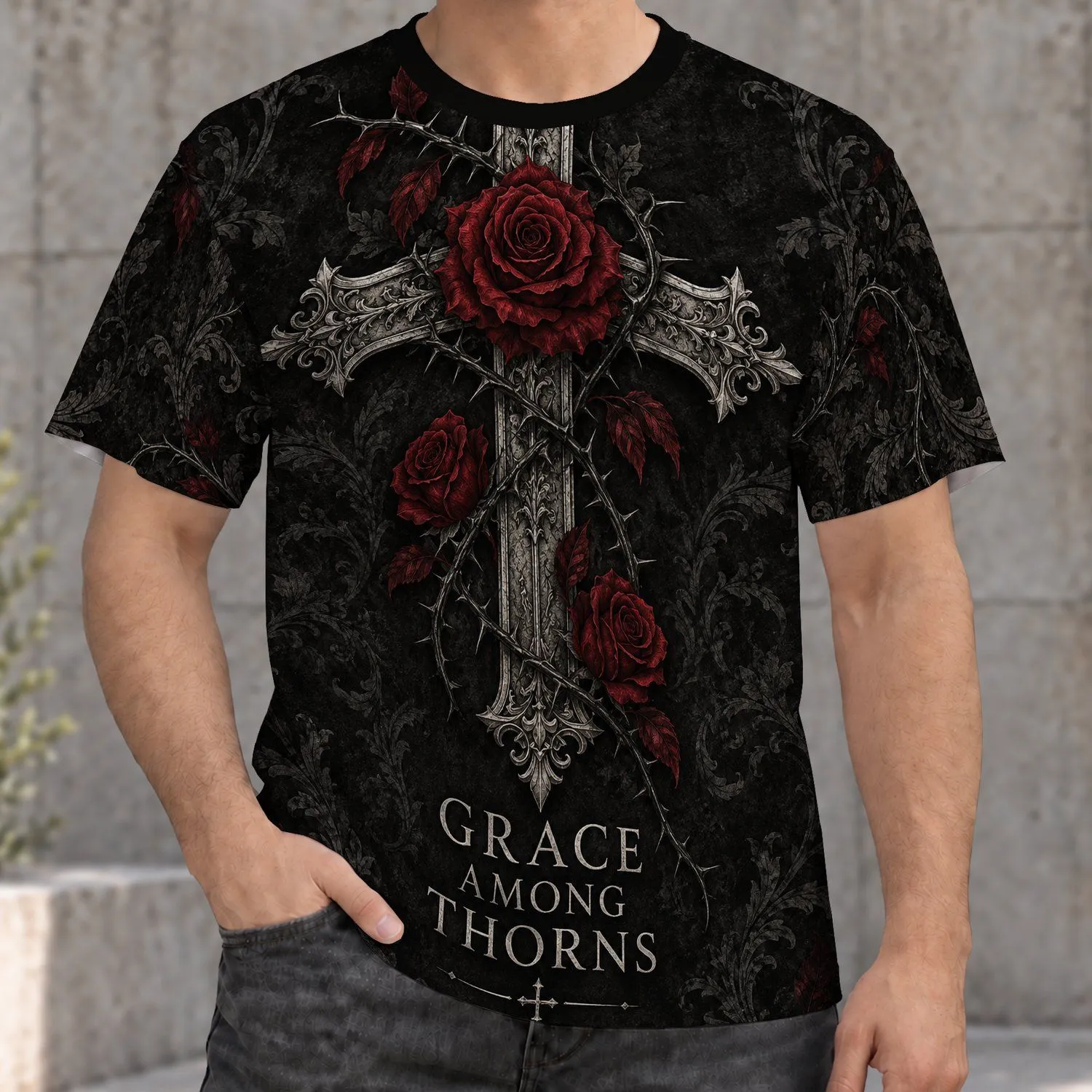 Gothic Cross And Crimson Roses For Halloween Nights And Alternative Style All-over Print Unisex T-shirt - 1