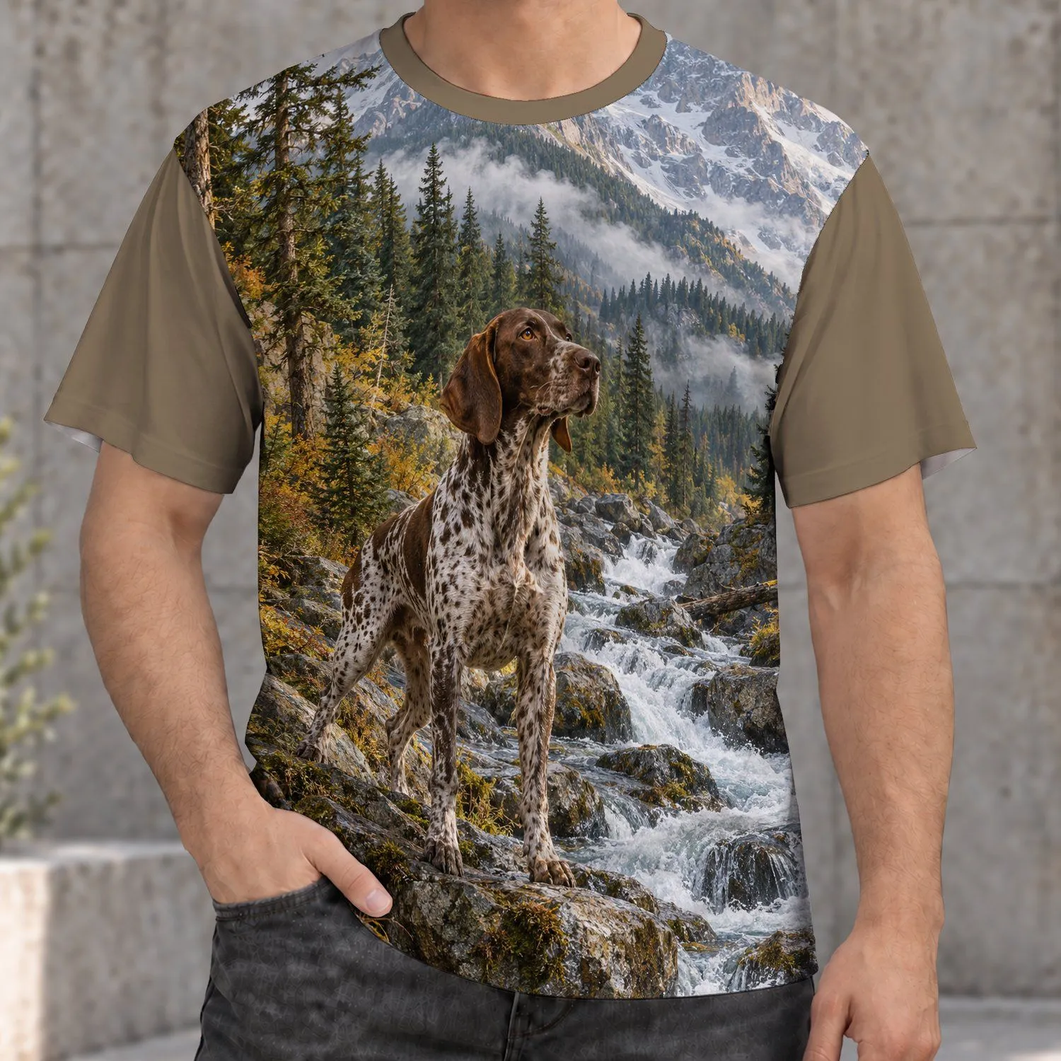Speckled Hunting Dog and Alpine Forest Stream for Relaxed Weekend Nature Getaways All-over Print Unisex T-shirt - 1