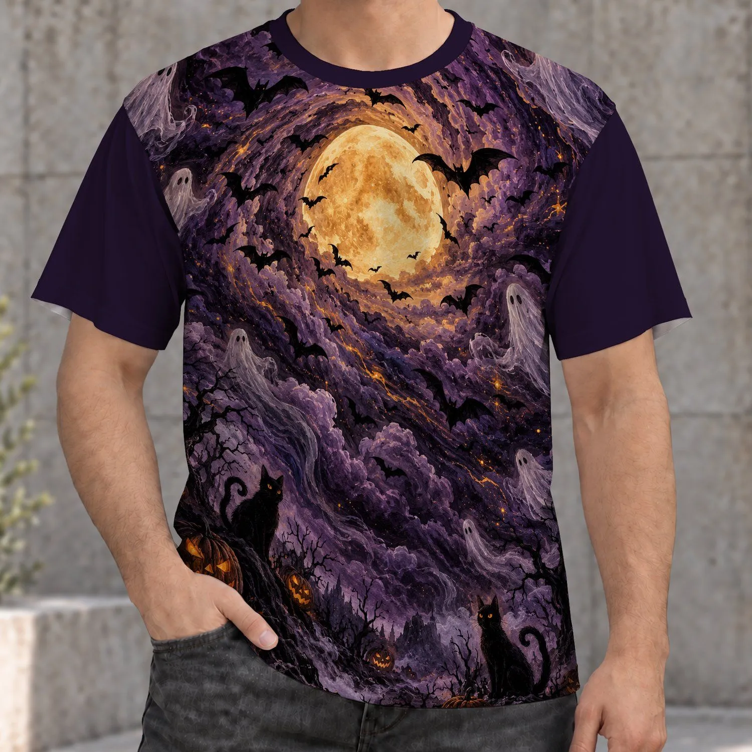Halloween Moon Bats, Ghosts And Black Cats For Spooky Season All-over Print Unisex T-shirt - 1