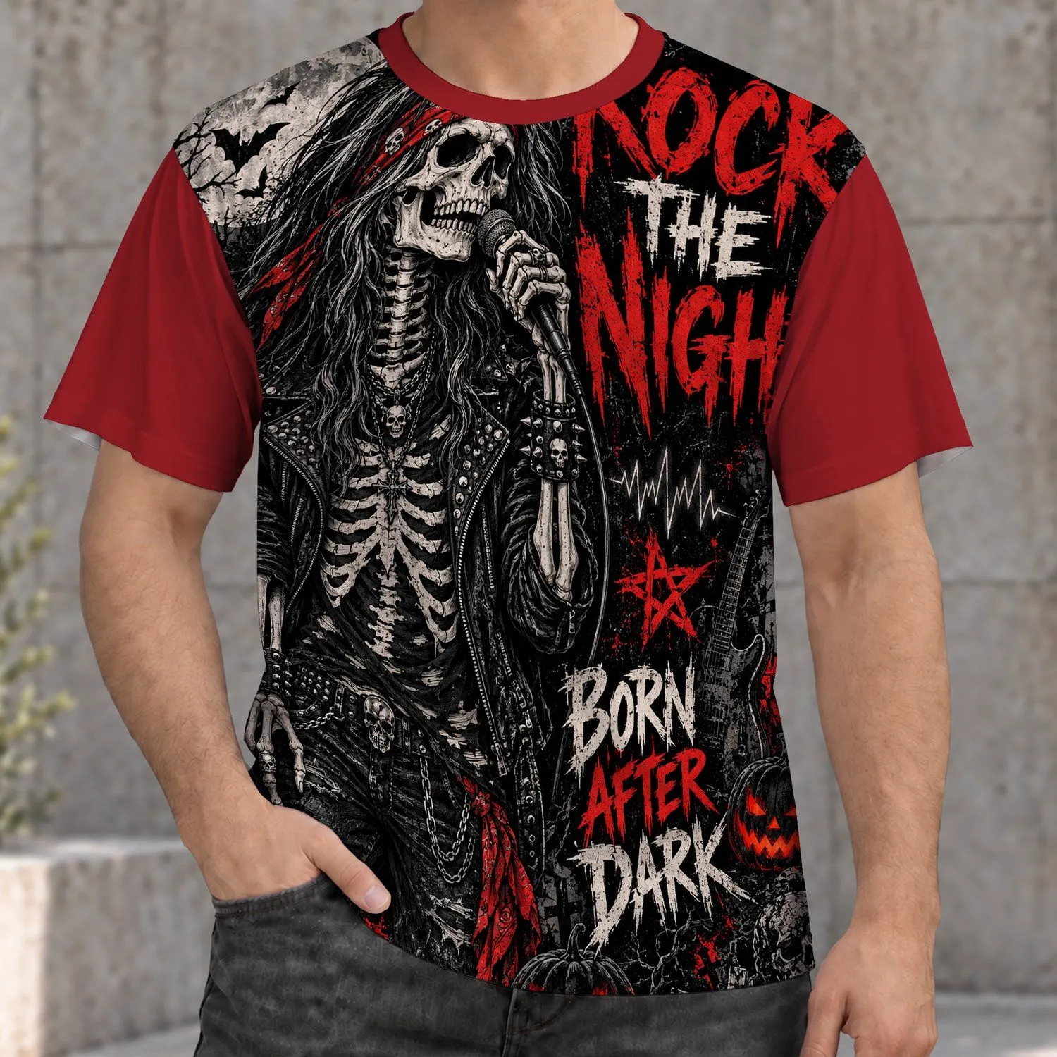 Skeletal Rock Singer With Pumpkins for Halloween Concerts and Punk Nightlife All-over Print Unisex T-shirt - 1