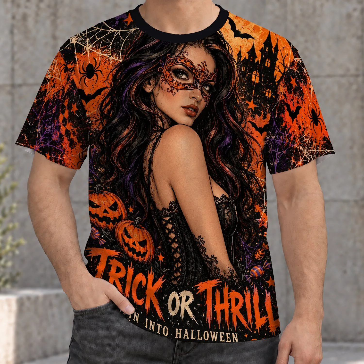 Masquerade Masked Woman and Jack-O'-Lanterns for Halloween Night Parties and Costume Events All-over Print Unisex T-shirt - 1