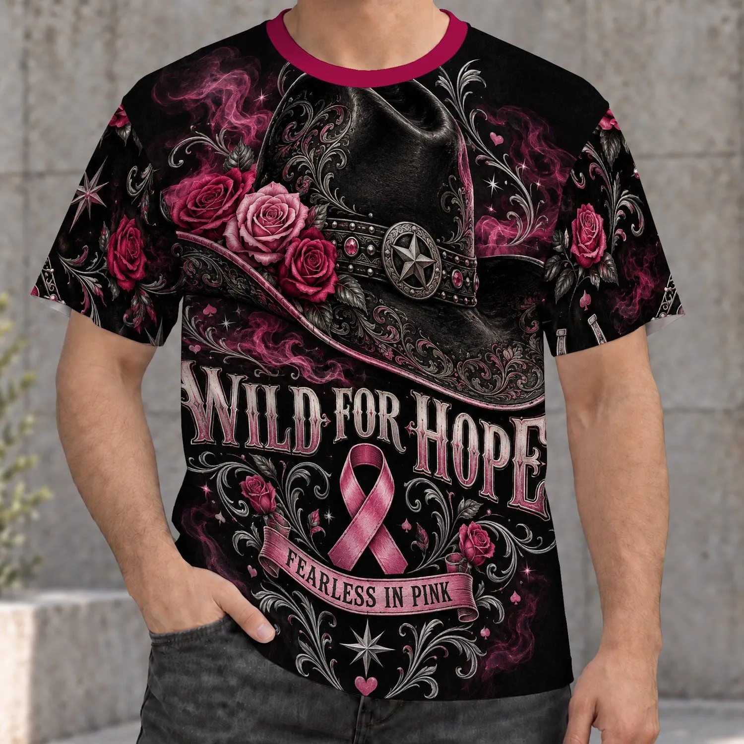Western Rose Cowboy Hat and Pink Ribbon for Breast Cancer Awareness Gift for Her Support All-over Print Unisex T-shirt - 1