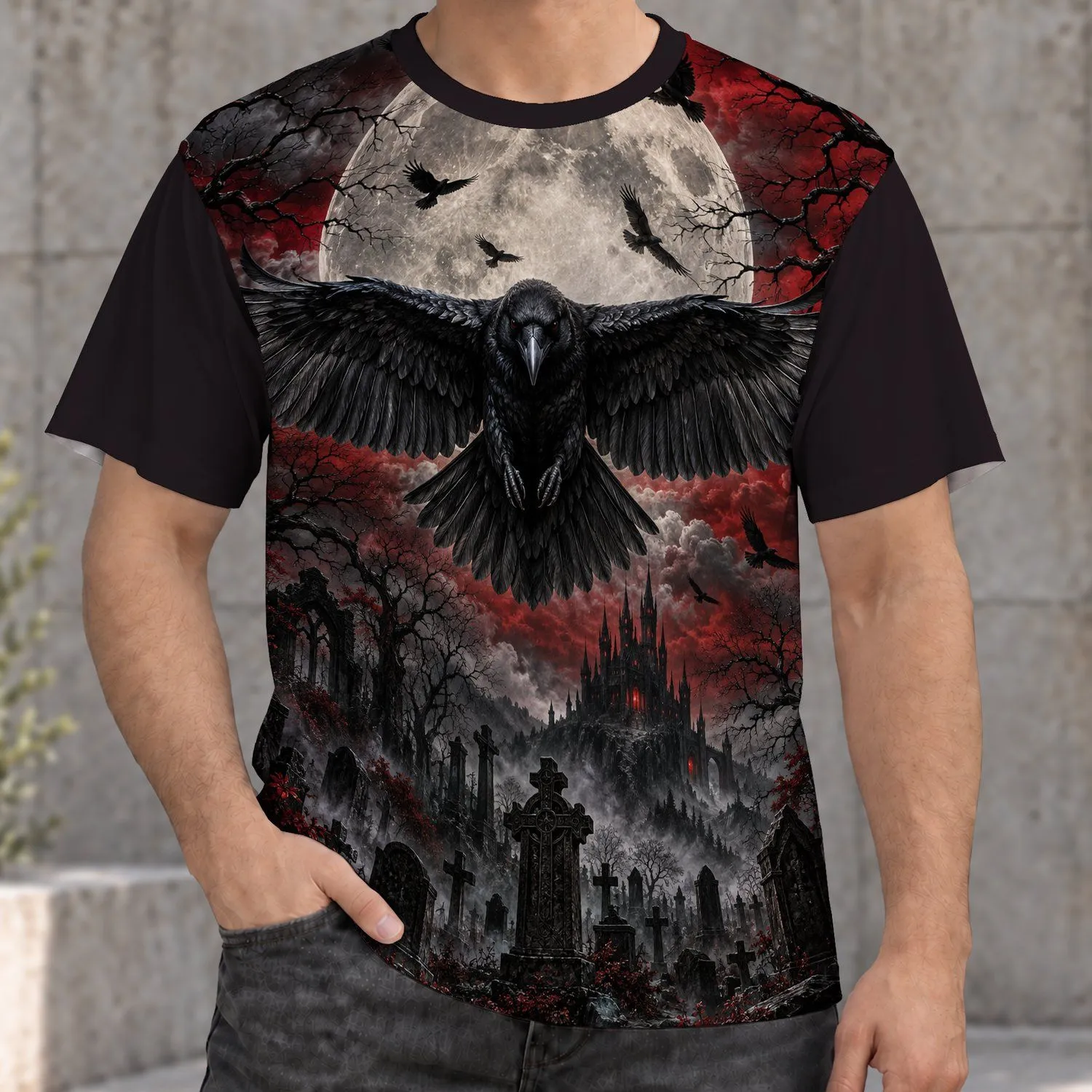 Raven Beneath a Blood Moon for Gothic Nights and Dark Fantasy Enthusiasts All-over Print Unisex T-shirt - 1