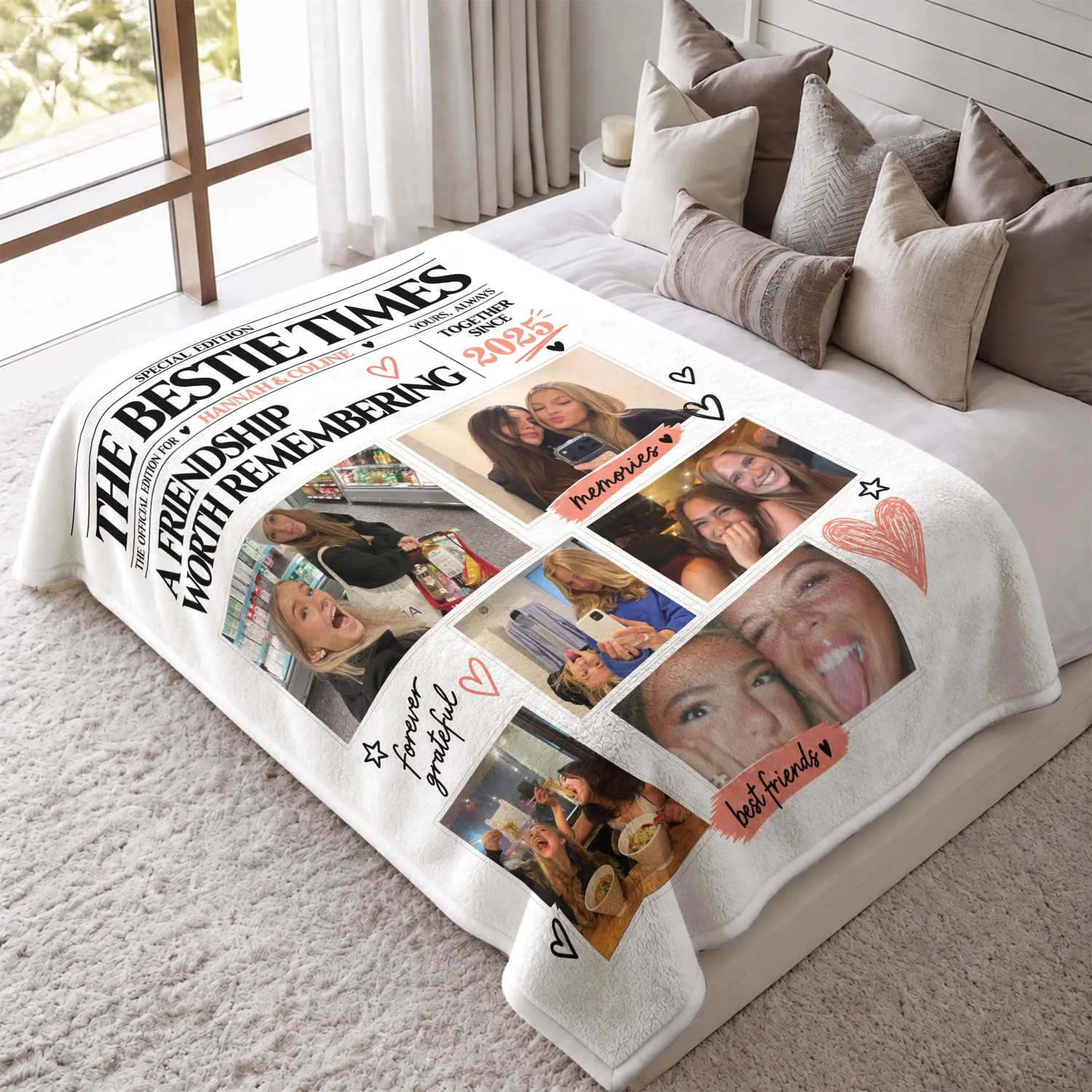 Personalized Best Friend Photo Blanket – Custom 6 Pictures, Names & Year, The Bestie Times Newspaper, 4 Colors, Friendship Gift - 1