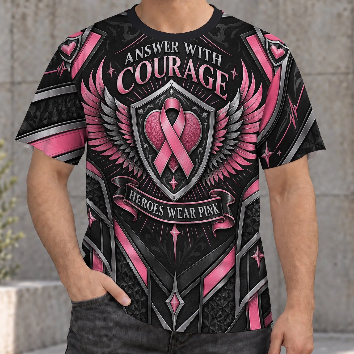 Pink Ribbon Courage Crest for Breast Cancer Awareness Events and Survivor Support All-over Print Unisex T-shirt - 1