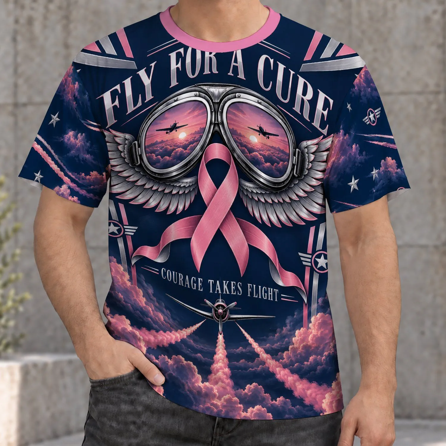 Breast Cancer Awareness Aviator Goggles and Pink Ribbon for Courageous Supporters All-over Print Unisex T-shirt - 1