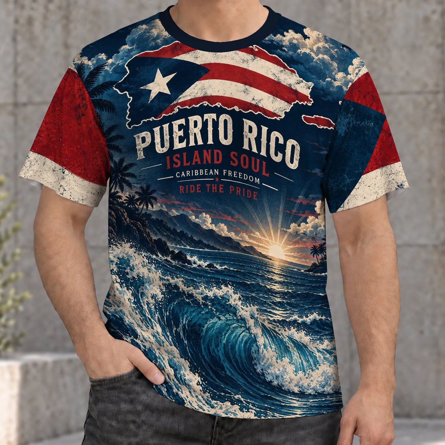 Caribbean Island Sunset Waves And Flag For Summer Coastal Escapes All-over Print Unisex T-shirt - 1