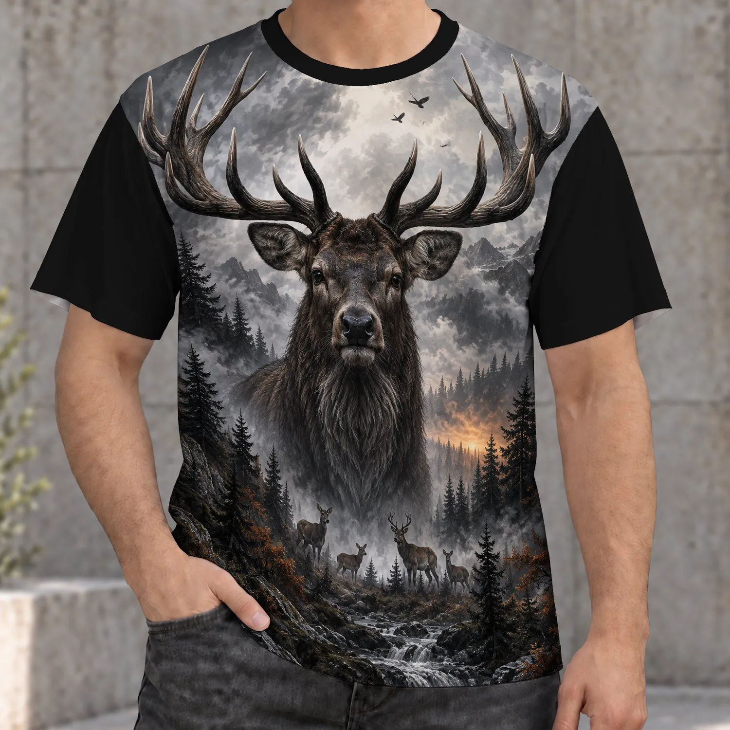 Majestic Stag in a Misty Pine Forest for Woodland Weekends and Outdoor Escapes All-over Print Unisex T-shirt - 1