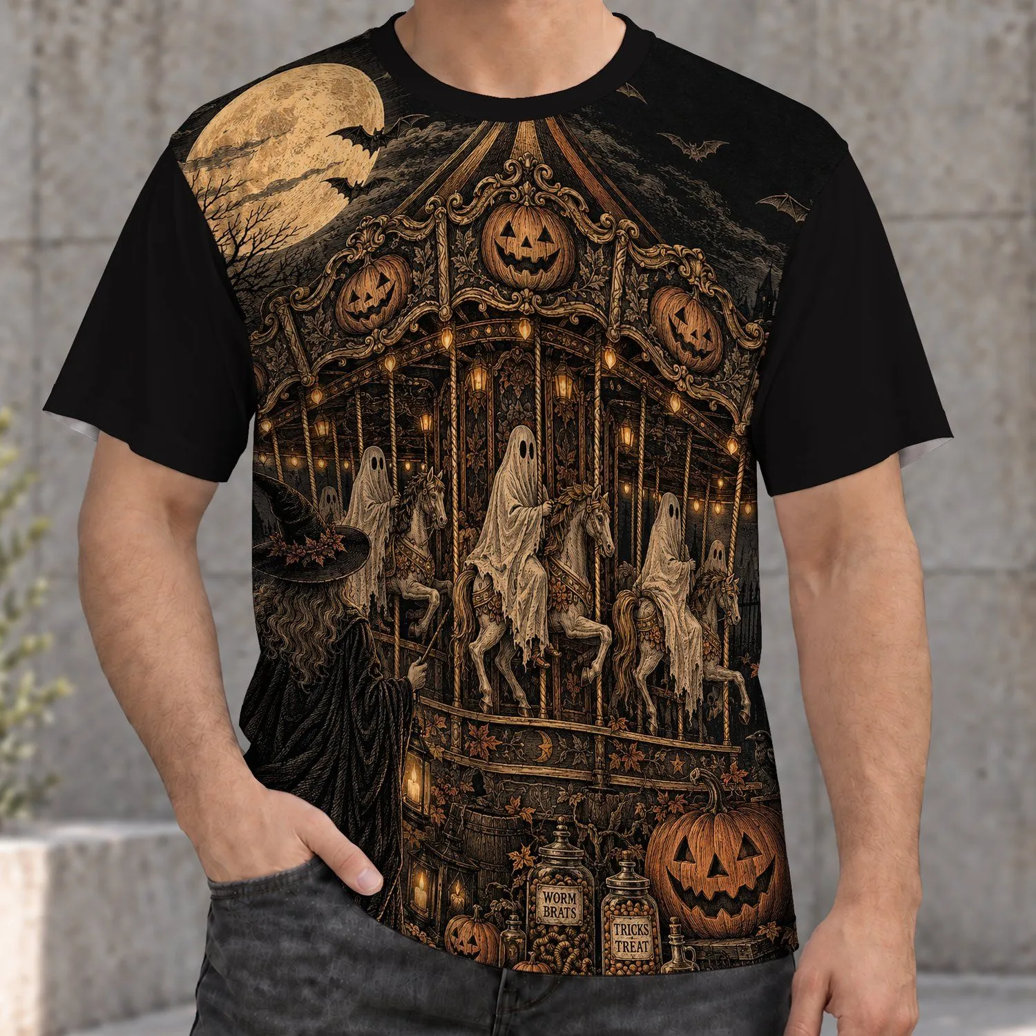 Haunted Carousel Moonlit Halloween Night for Whimsical Autumn Evenings and Spooky Season All-over Print Unisex T-shirt - 1