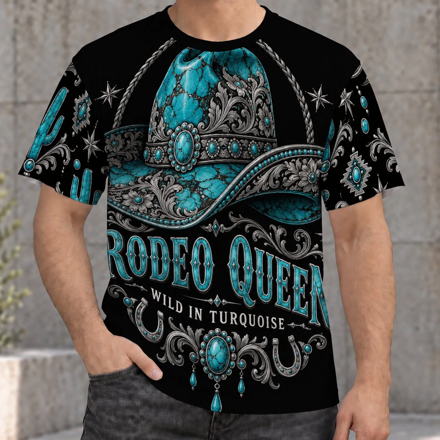 Turquoise Cowboy Hat Rodeo Queen Western Cowgirl Gift for Ranch and Country Lifestyle All-over Print Unisex T-shirt - 1