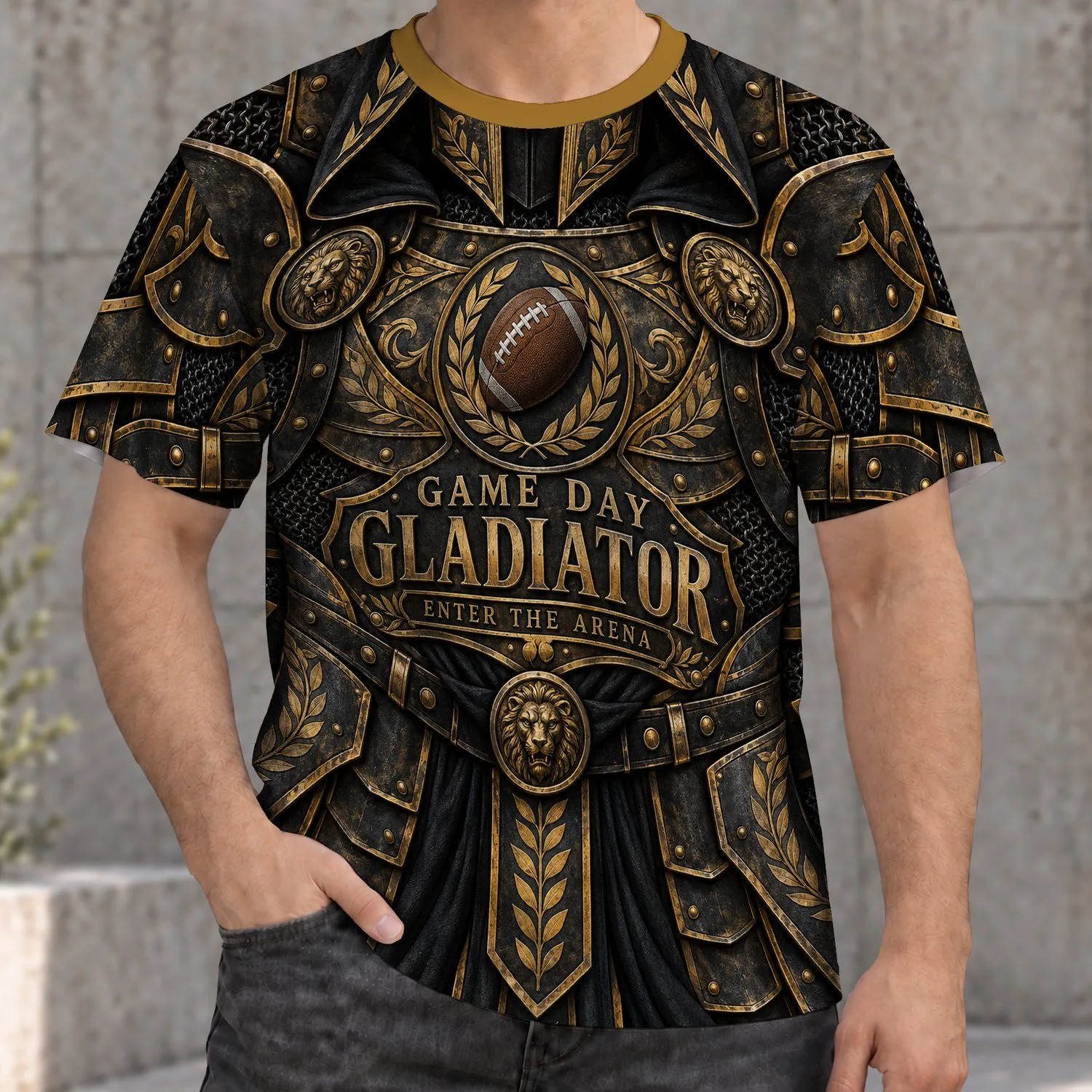 Hooded Gladiator Armor With Football Crest for Game Day Fans and Arena Enthusiasts All-over Print Unisex T-shirt - 1