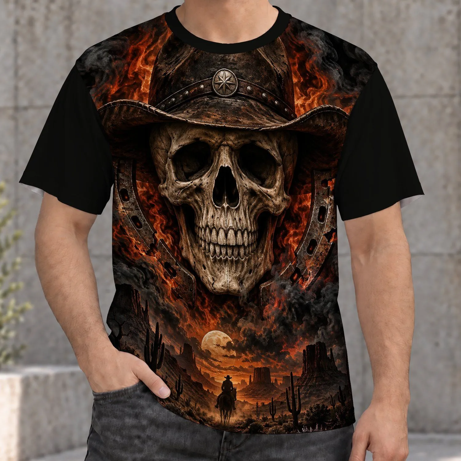Flames Western landscape Fiery Cowboy Skull and Desert Rider for Western Nights, Ranch All-over Print Unisex T-shirt - 1