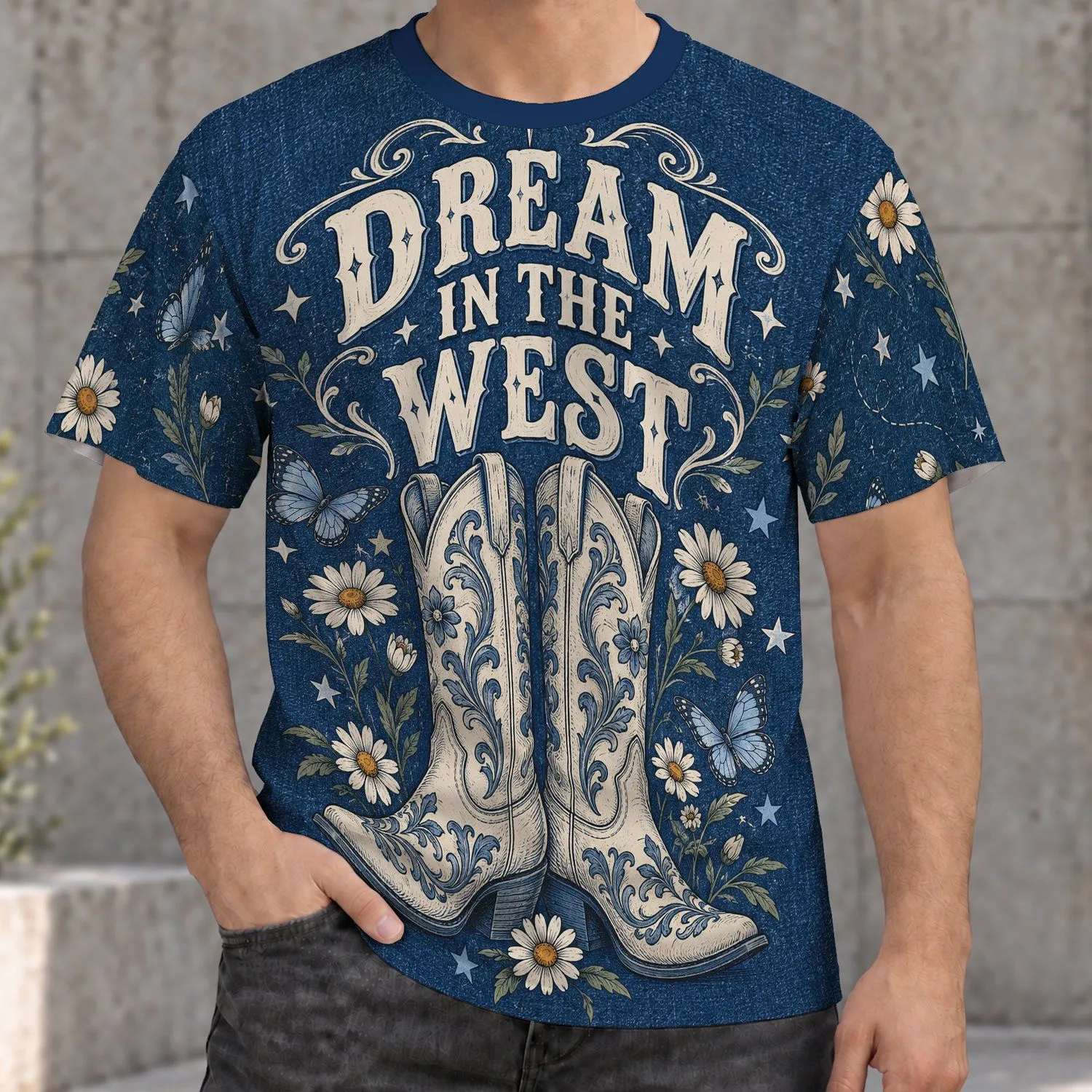 Cowboy Boots, Daisies and Butterflies for Western Country Festival Style Women All-over Print Unisex T-shirt - 1
