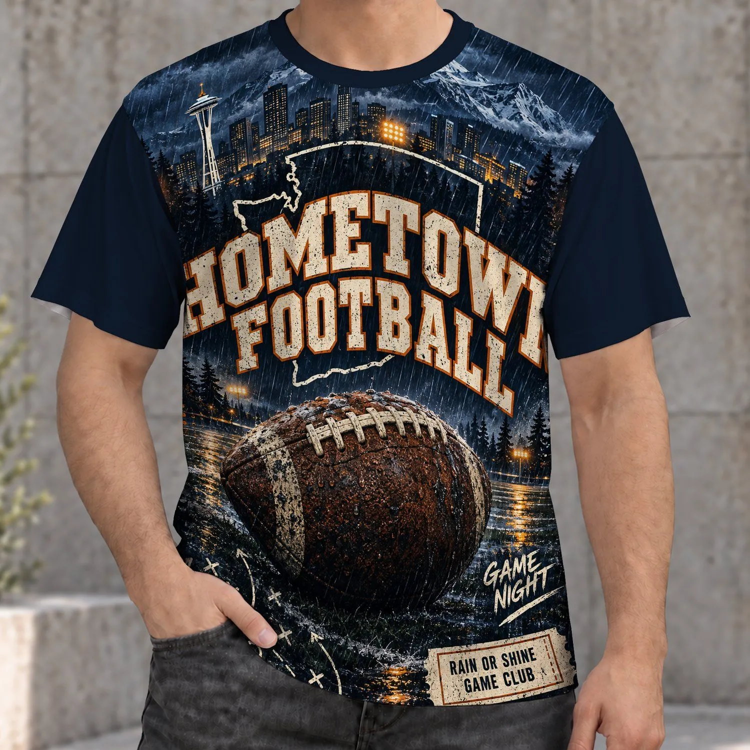 Seattle Football Night Skyline and Rainy Stadium Scene for Halloween Game Day Fans All-over Print Unisex T-shirt - 1