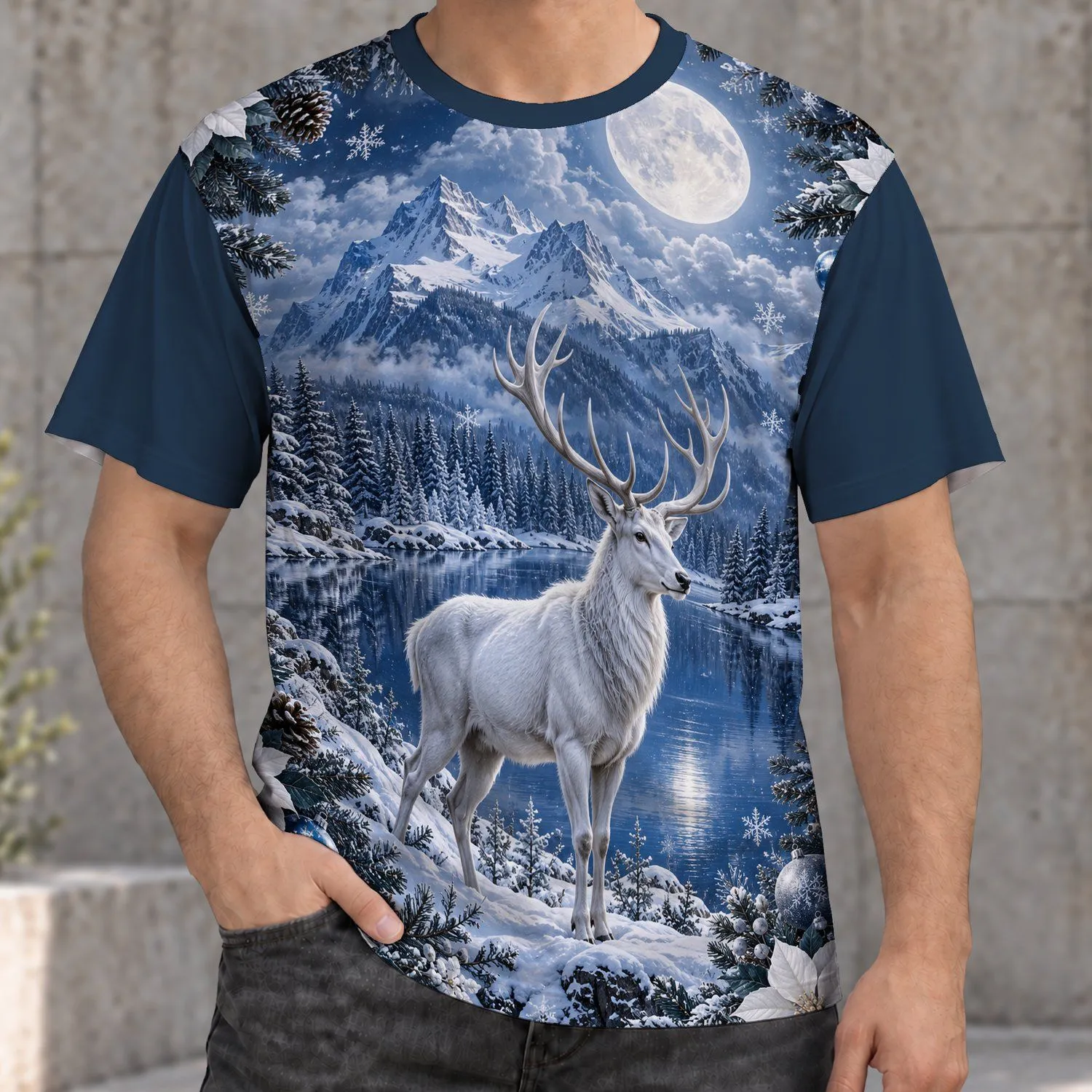 Moonlit Snow Deer and Poinsettias for Cozy Christmas Winter Celebrations at Home All-over Print Unisex T-shirt - 1