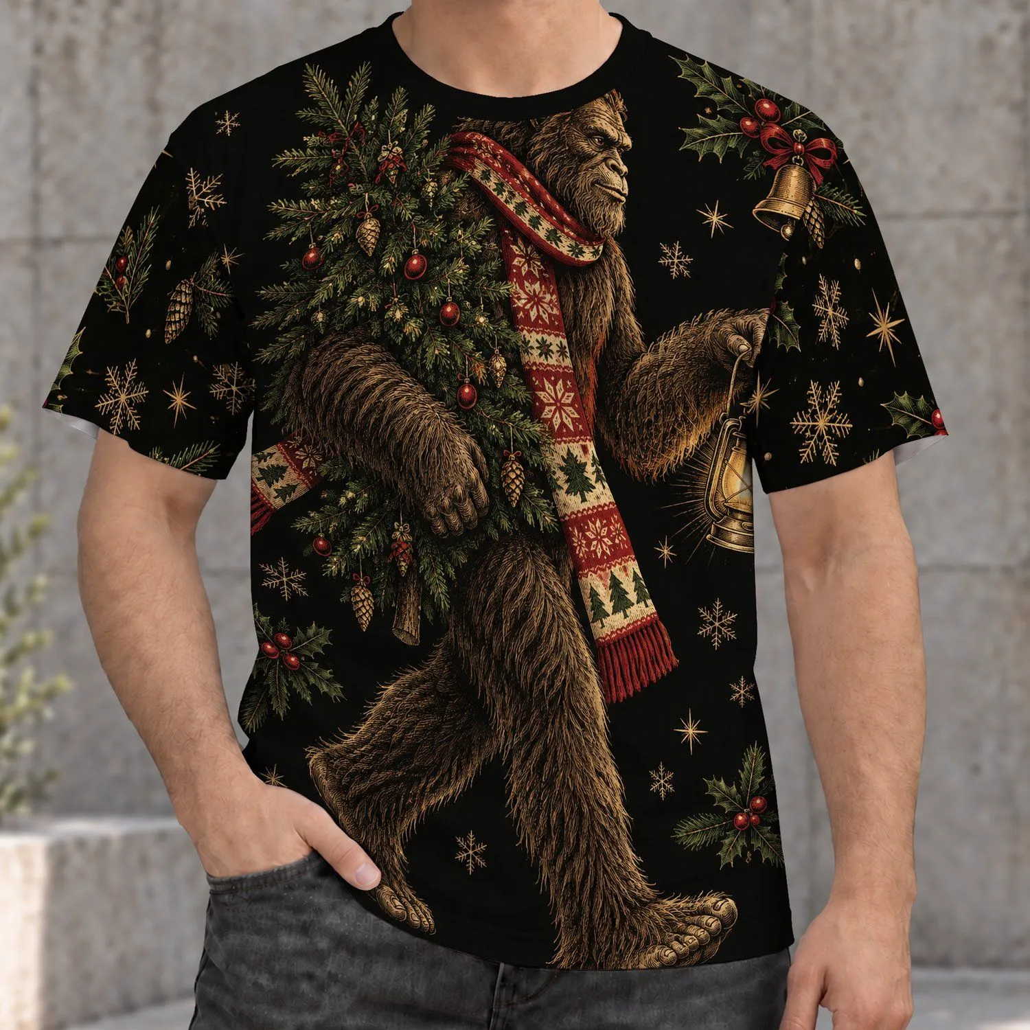 Shaggy Forest Cryptid with Lantern and Evergreen for Winter Woodland Adventurers All-over Print Unisex T-shirt - 1