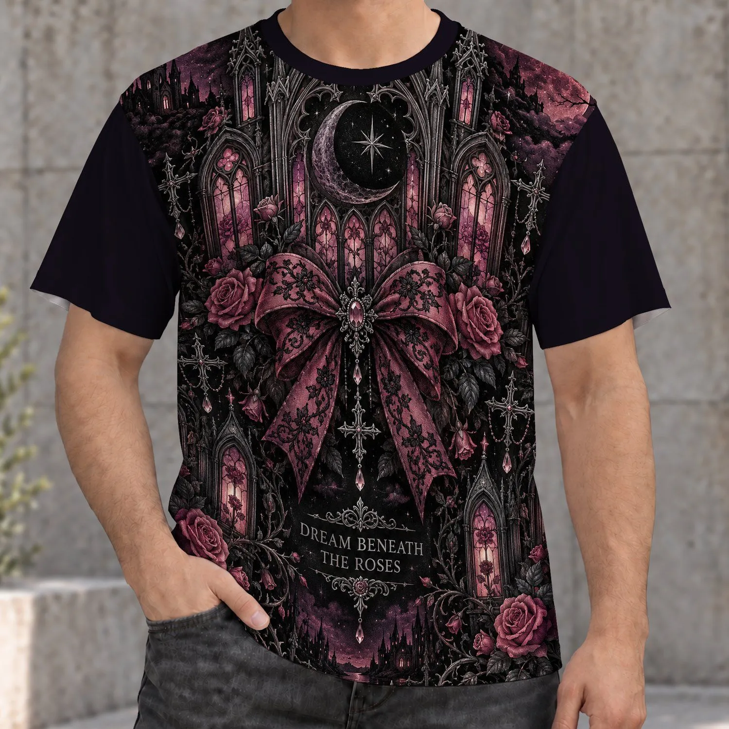 Gothic Rose Moon Cathedral Scene for Halloween Nights and Dark Romantic Style Gift All-over Print Unisex T-shirt - 1