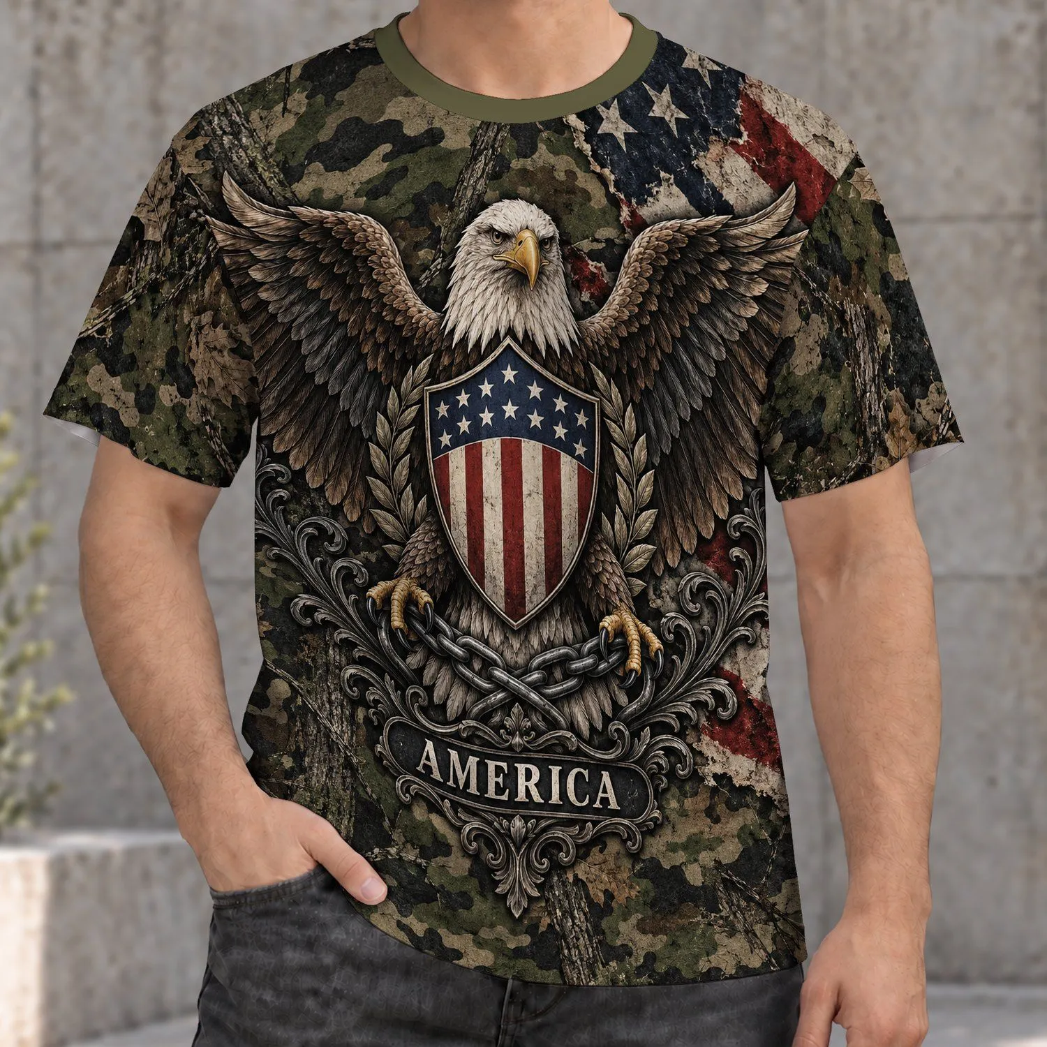 Patriotic Eagle and Flag Camouflage for Independence Day Celebrations All-over Print Unisex T-shirt - 1