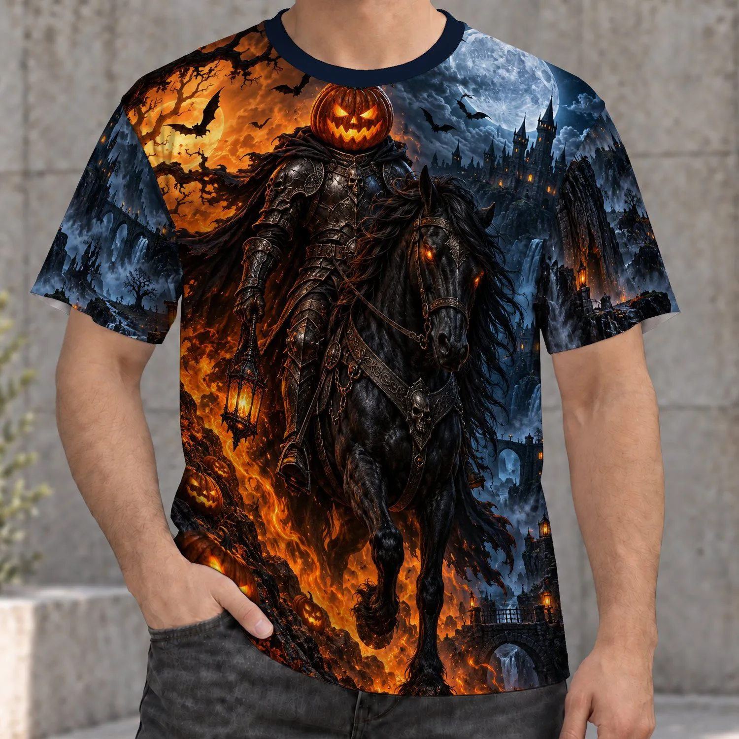 Pumpkin-Head Night Rider in Moonlit Halloween Woods for Spooky Season All-over Print Unisex T-shirt - 1