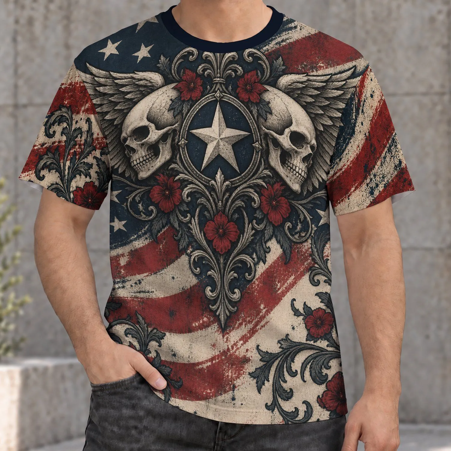 Winged Skulls and Weathered Stars for Patriotic Halloween and Independence Day Wear All-over Print Unisex T-shirt - 1