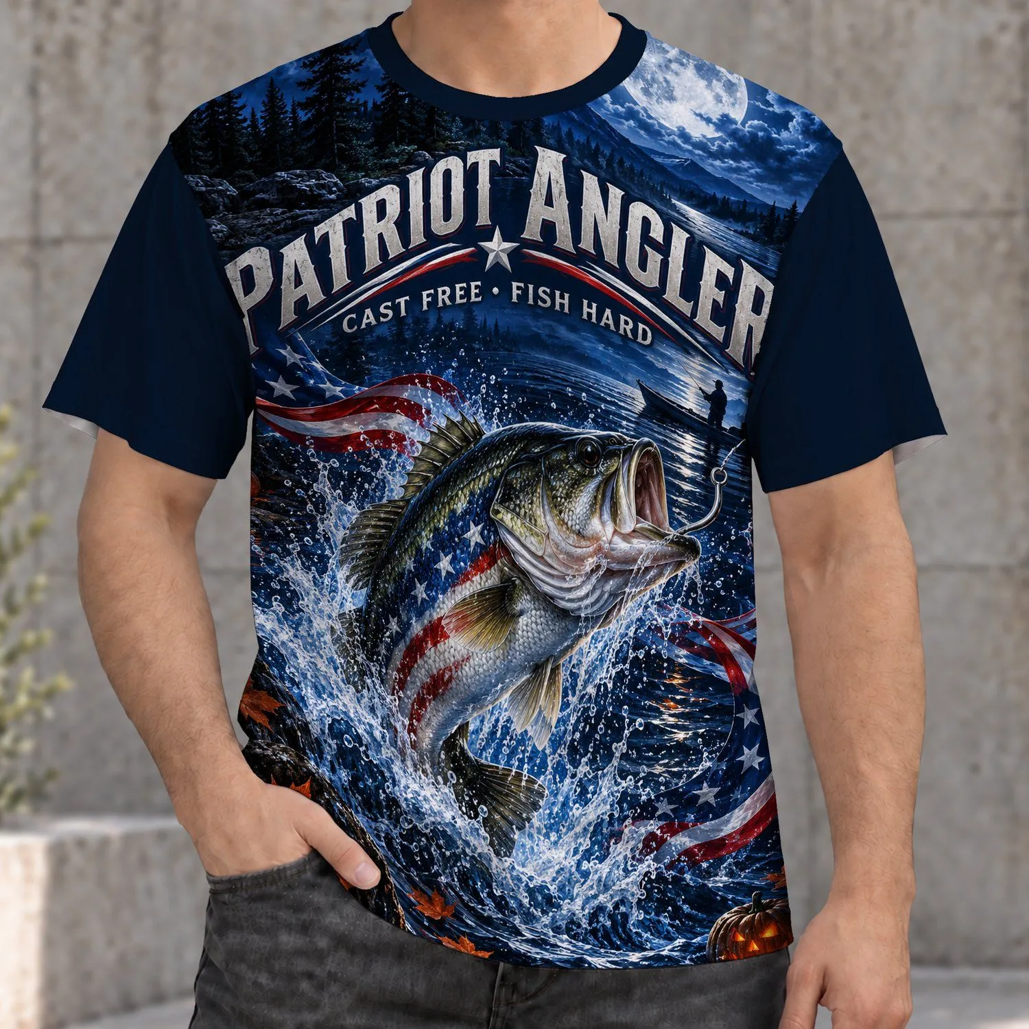 Patriotic Bass Fishing Under Moonlit Skies for Anglers and Autumn Nights All-over Print Unisex T-shirt - 1