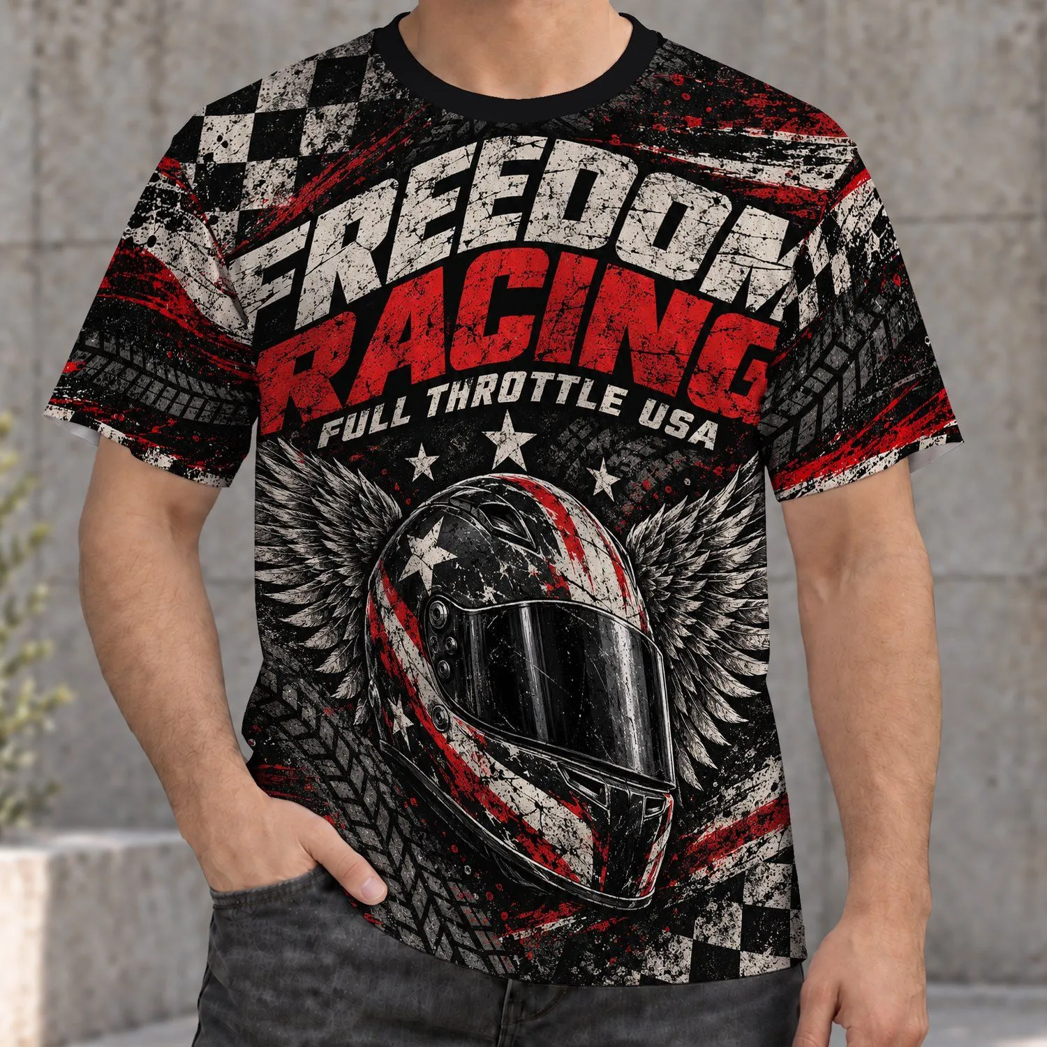 Freedom Racing Helmet and Flag Style for Track Days and Weekend Motorsports All-over Print Unisex T-shirt - 1