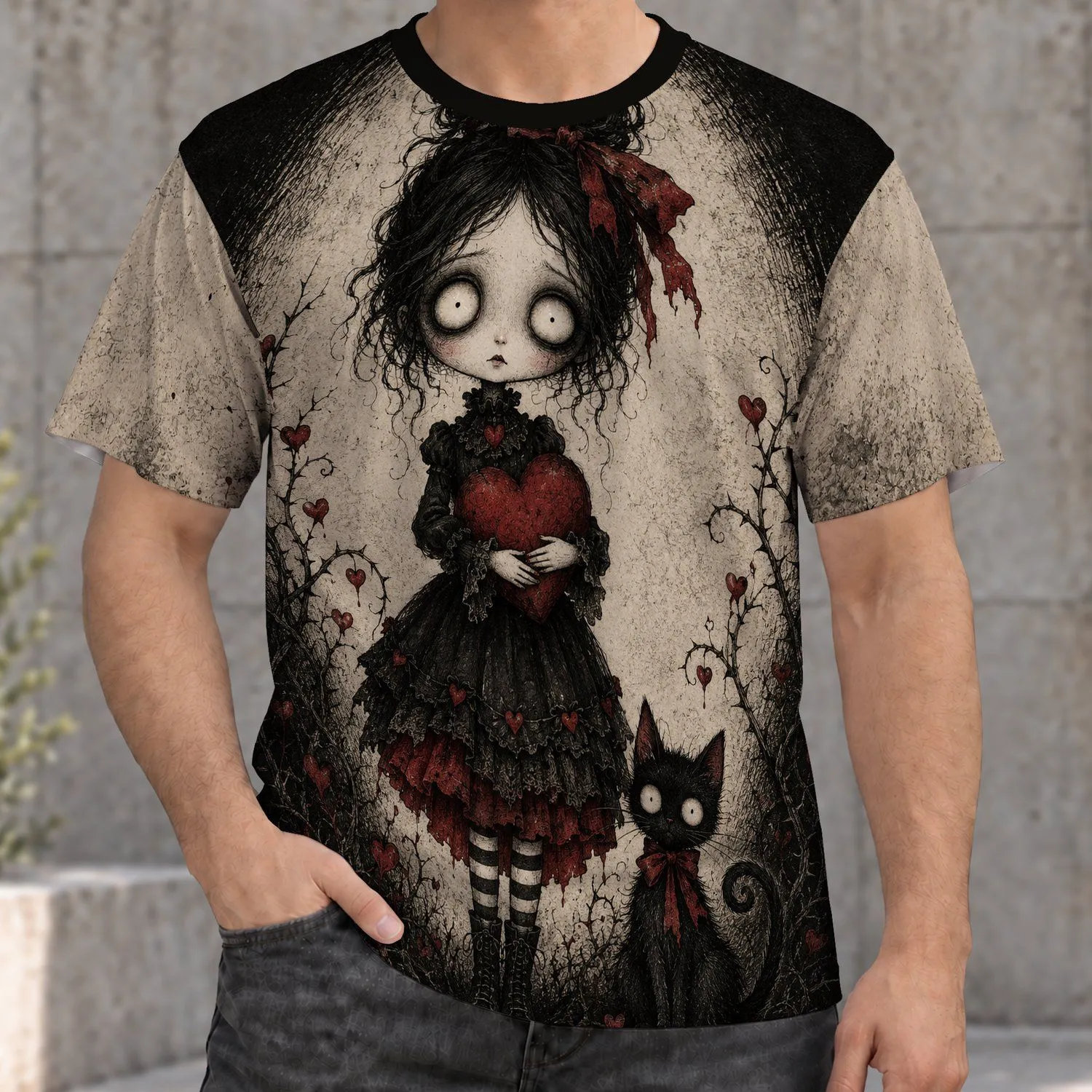 Gothic Girl And Black Cat For Alternative Everyday Style And Cozy Weekends All-over Print Unisex T-shirt - 1