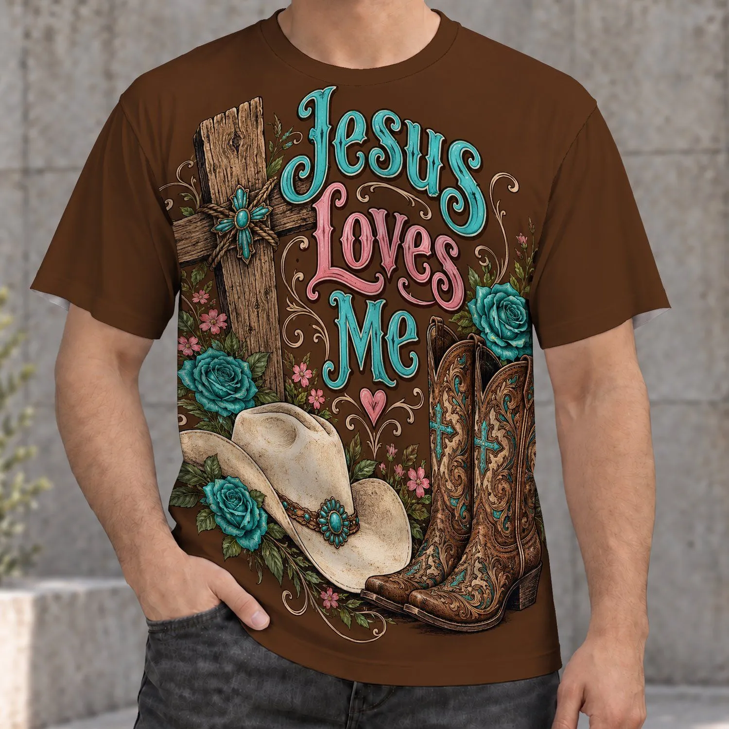 Jesus Loves Me Western Boots and Floral Cross for Country Faith and Everyday Wear All-over Print Unisex T-shirt - 1