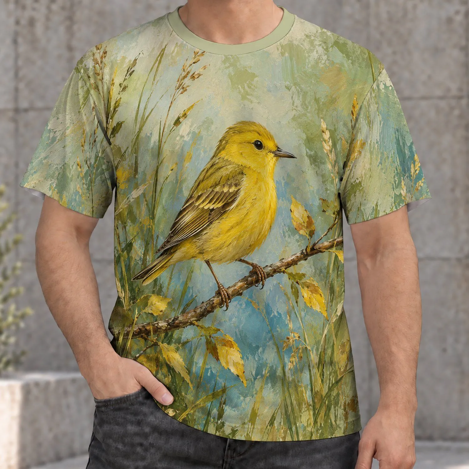 Golden Yellow Sparrow on a Branch for Fresh Forest Days and Nature Lovers All-over Print Unisex T-shirt - 1