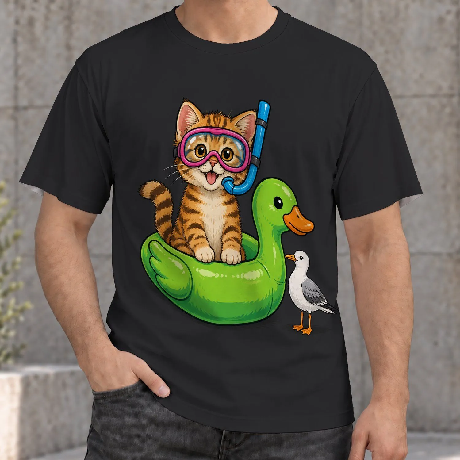 Snorkeling Cat on Green Duck Float for Sunny Beach Days and Coastal Summer Getaways All-over Print Unisex T-shirt - 1