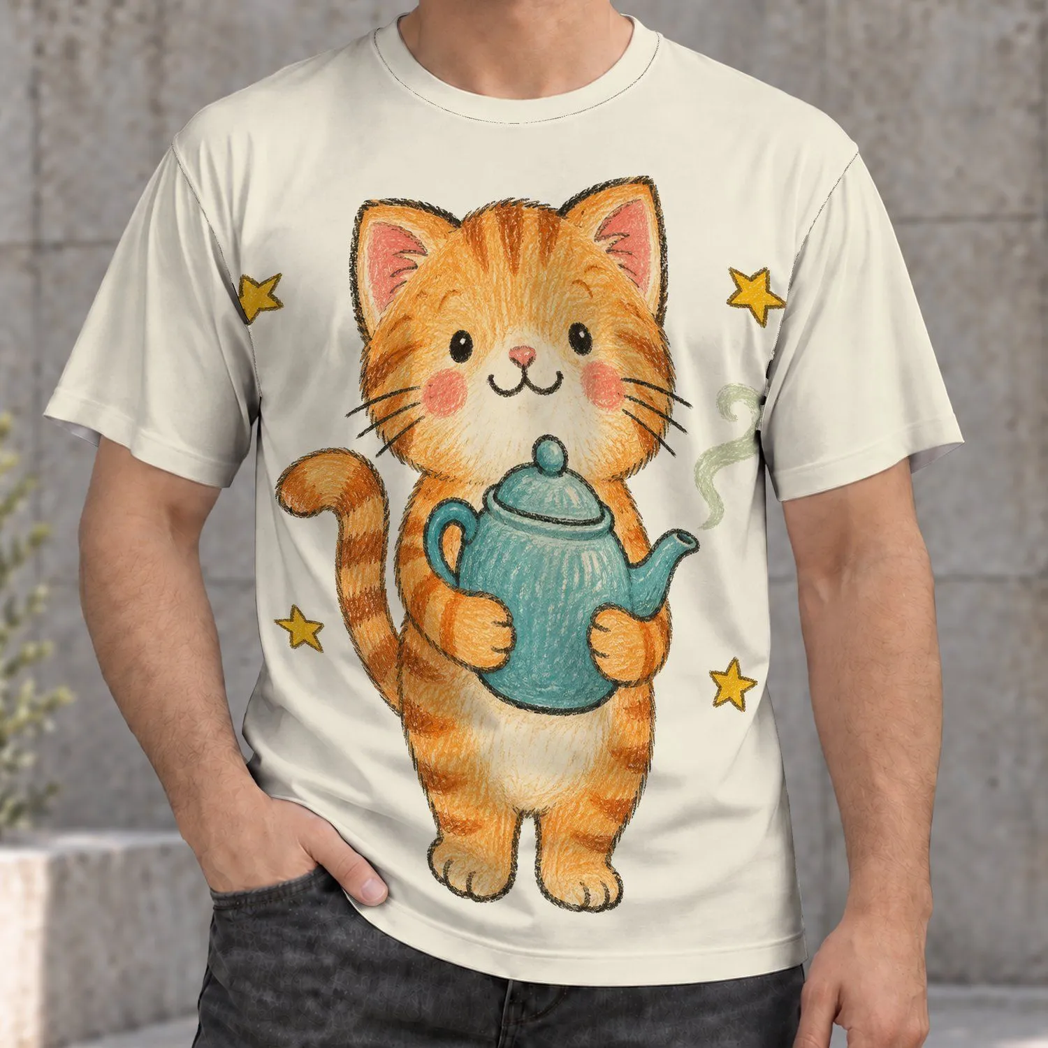 Orange Cat Holding Teapot With Stars for Cozy Everyday Wear and Cat Lovers All-over Print Unisex T-shirt - 1