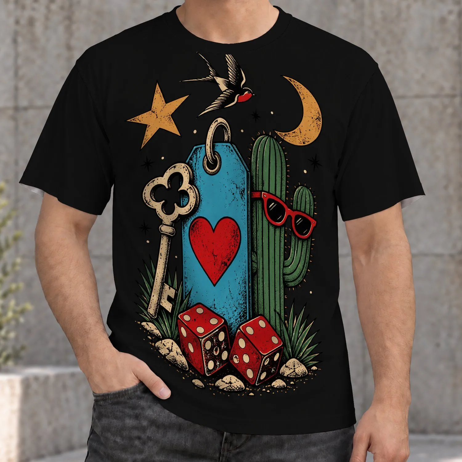 Retro Desert Tattoo Flash with Dice and Cactus for Everyday Adventure All-over Print Unisex T-shirt - 1