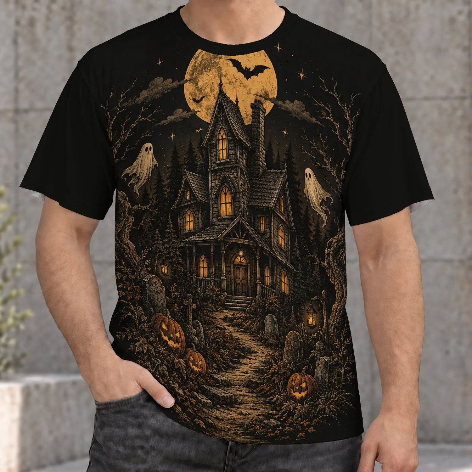 Haunted House Moonlit Pumpkin Scene for Halloween Nights and Autumn Gatherings for Teens All-over Print Unisex T-shirt - 1